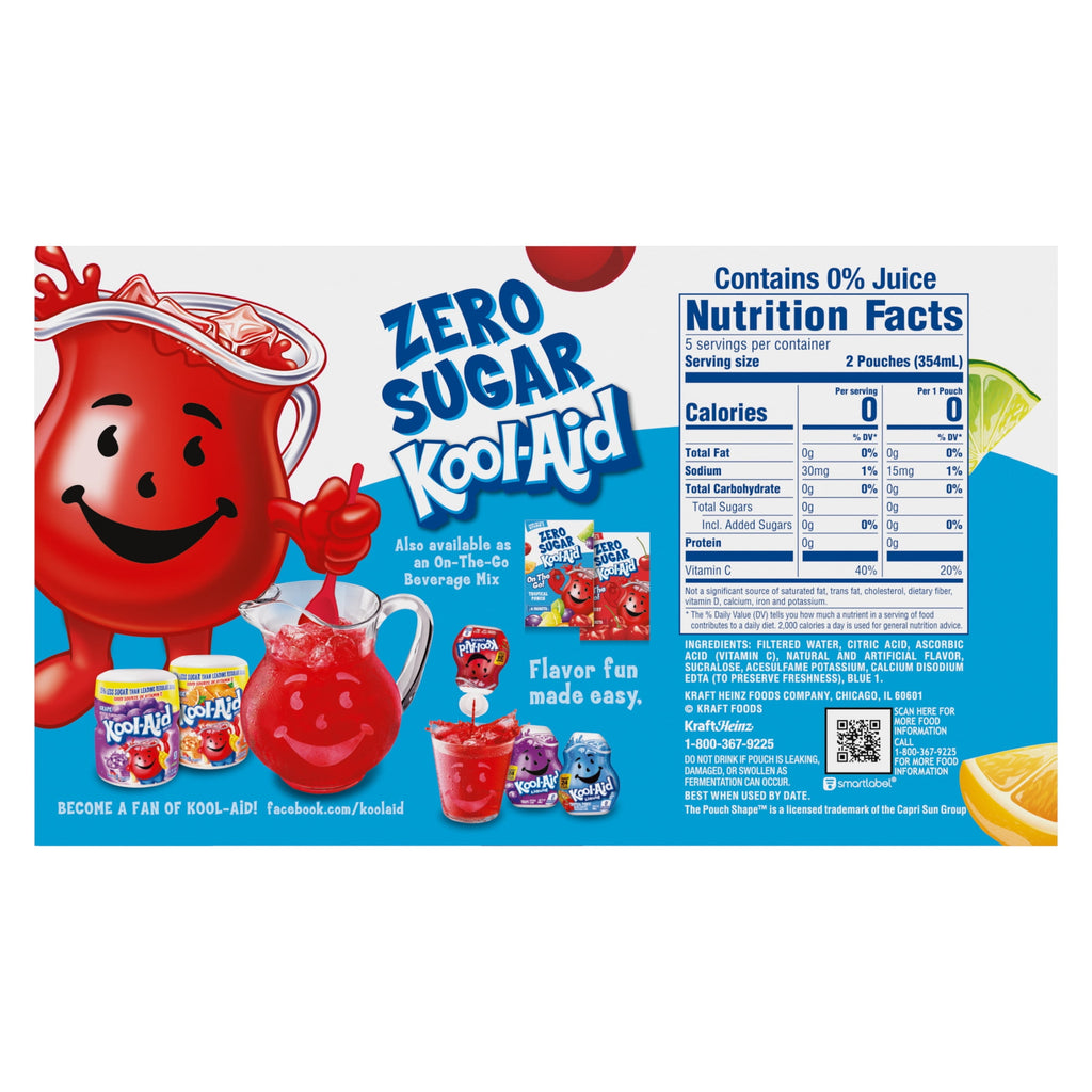 Kool-Aid Zero Sugar Jammers Artificially Flavored Drink, 10 Pouches, for School Lunches and On-the-Go Hydration, Tropical Punch Flavor, Zero Calories, 6 fl oz