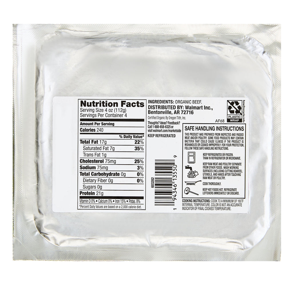 Marketside Organic Grass-Fed Ground Beef, 85% Lean/15% Fat, 1 lb
