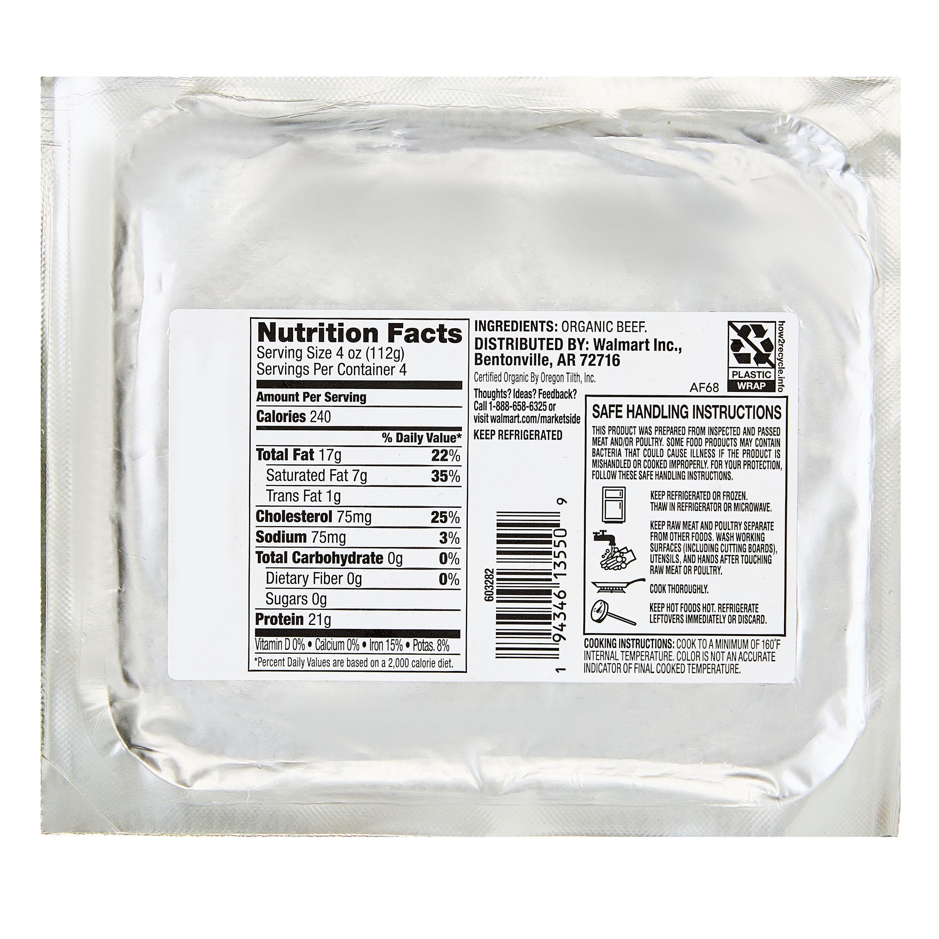 Marketside Organic Grass-Fed Ground Beef, 85% Lean/15% Fat, 1 lb