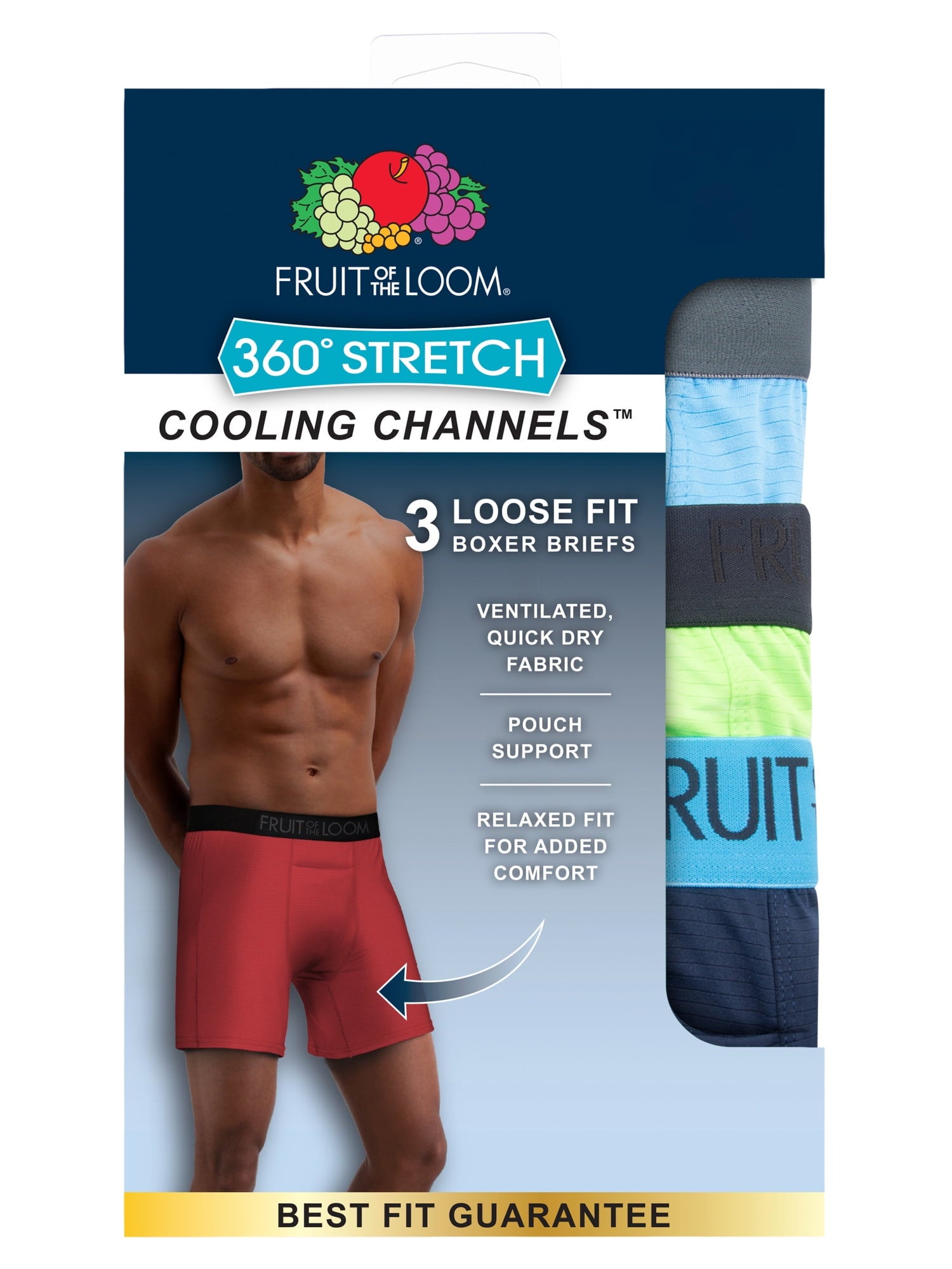 Fruit of the Loom Men's 360 Stretch Performance Cooling Channels Boxer Briefs, 6-Pack
