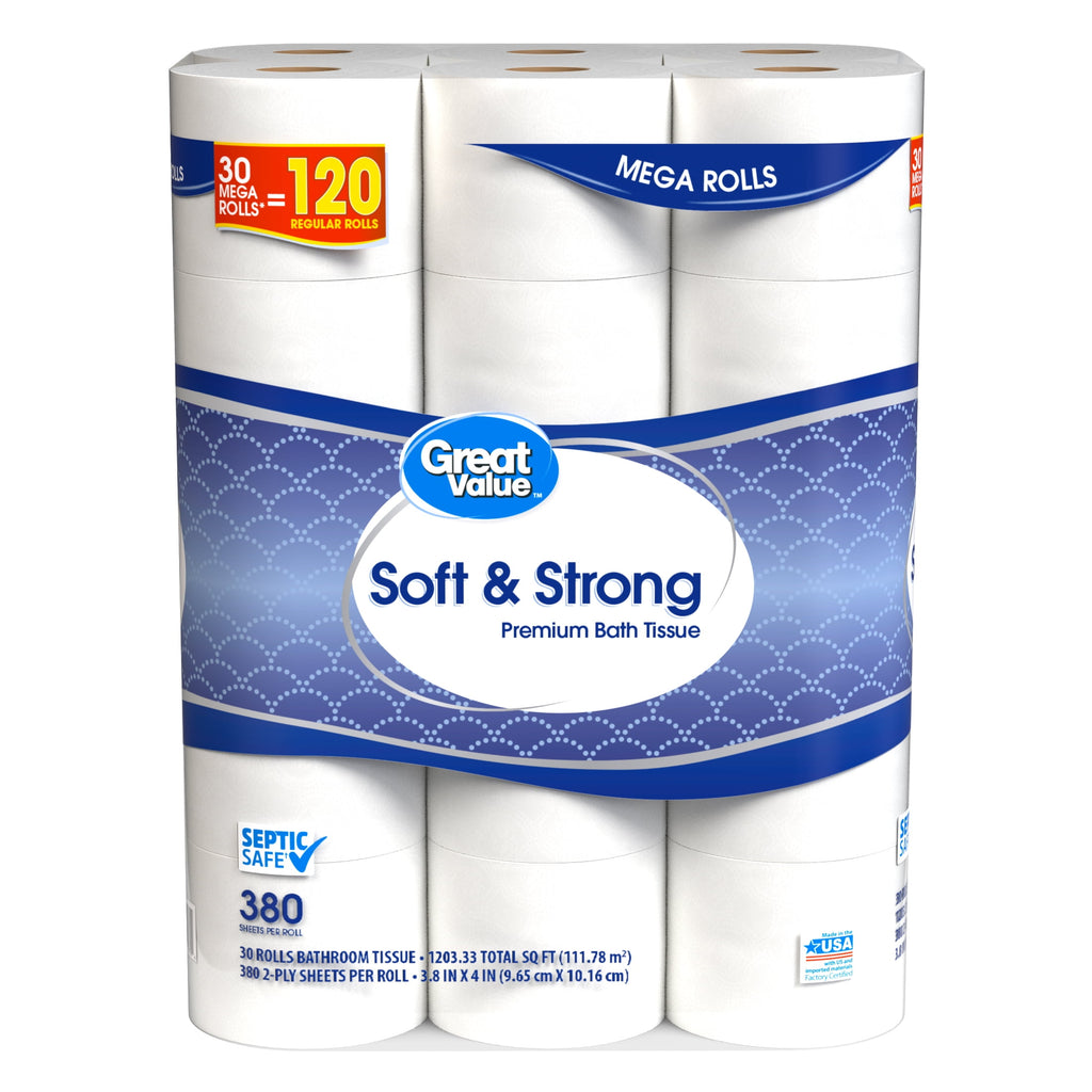 Great Value Soft & Strong Toilet Paper, 12 Mega Rolls, 380 Sheets per Roll