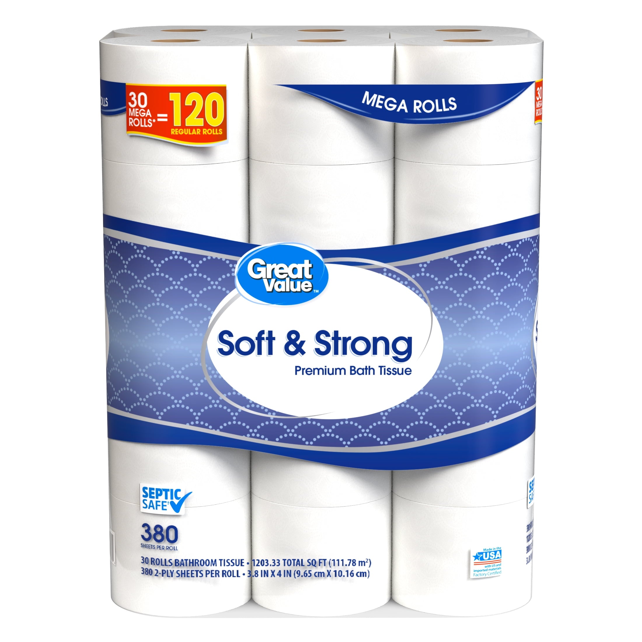 Great Value Soft & Strong Toilet Paper, 12 Mega Rolls, 380 Sheets per Roll