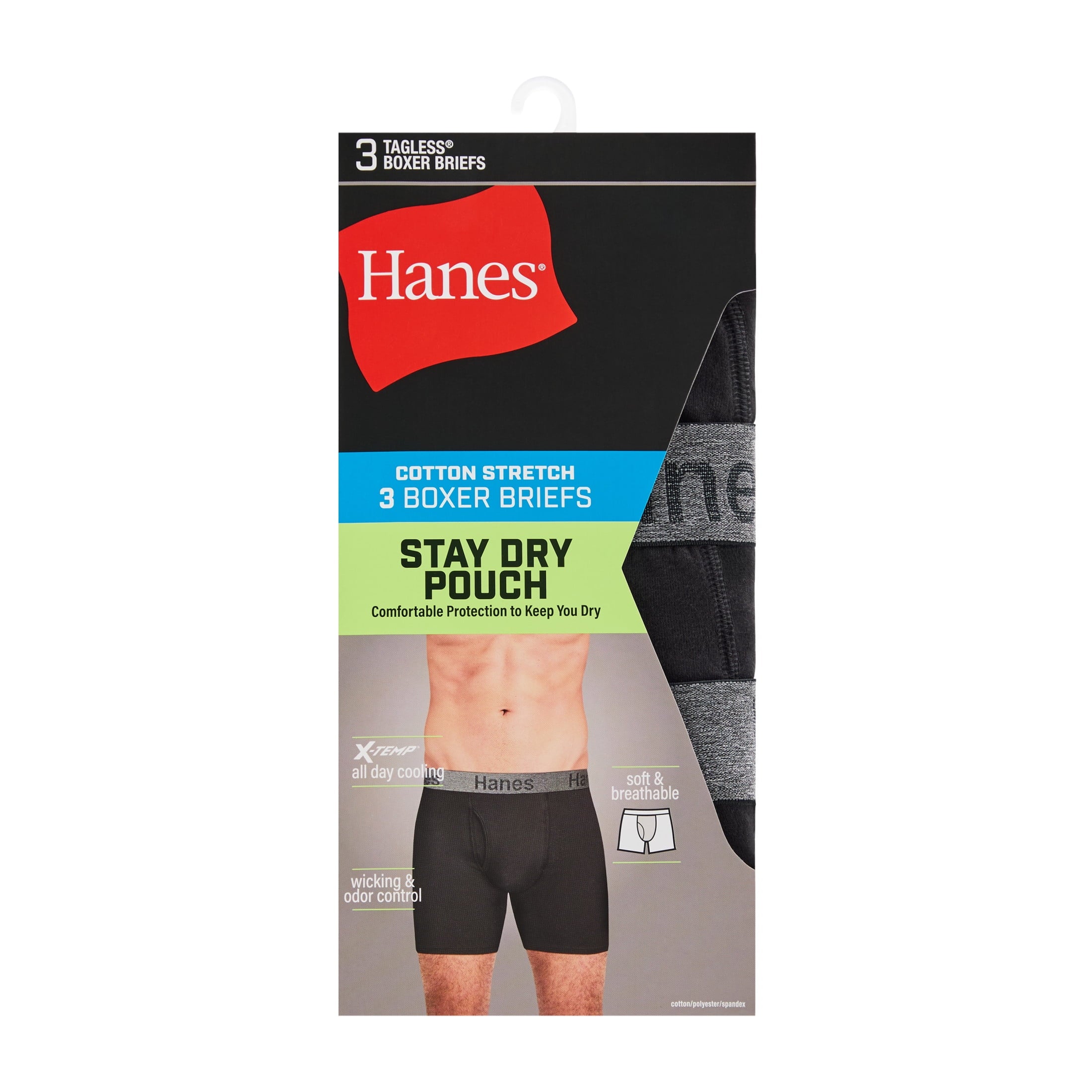 Hanes Men's Boxer Brief Underwear Pack with Stay Dry Pouch, Cotton Stretch, Assorted, 3-Pack