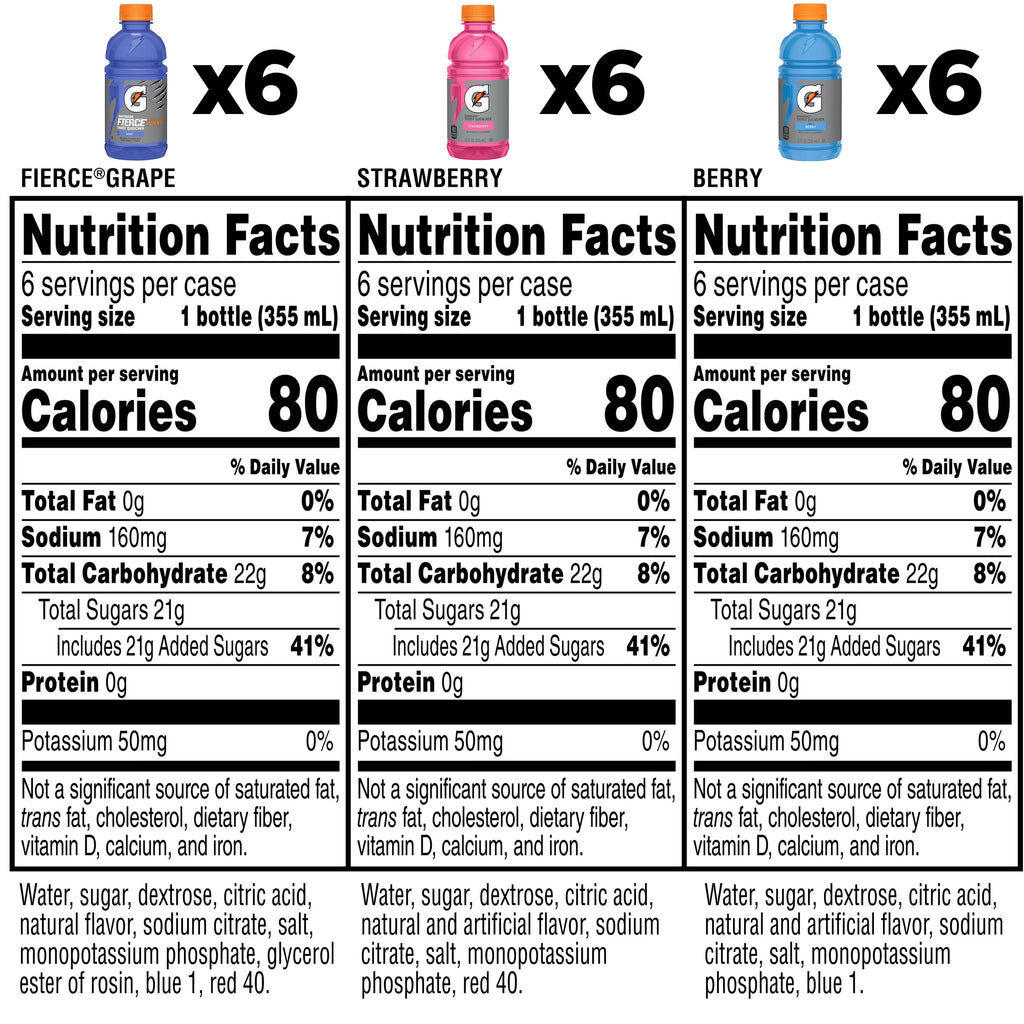 Gatorade Sports Drink, Fruit Punch/Glacier Cherry/Cool Blue Variety Pack, 12 fl oz, 18 Count Bottles