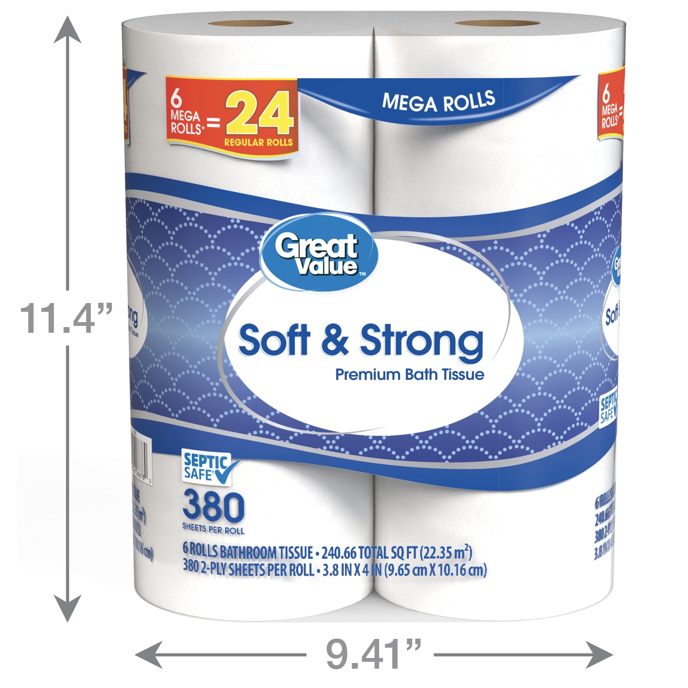 Great Value Soft & Strong Toilet Paper, 12 Mega Rolls, 380 Sheets per Roll