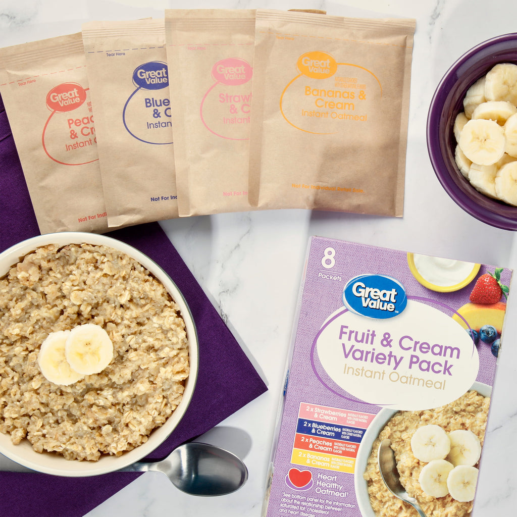 Great Value Instant Oatmeal Fruits and Cream Variety Pack, 1.23 oz, 8 Count