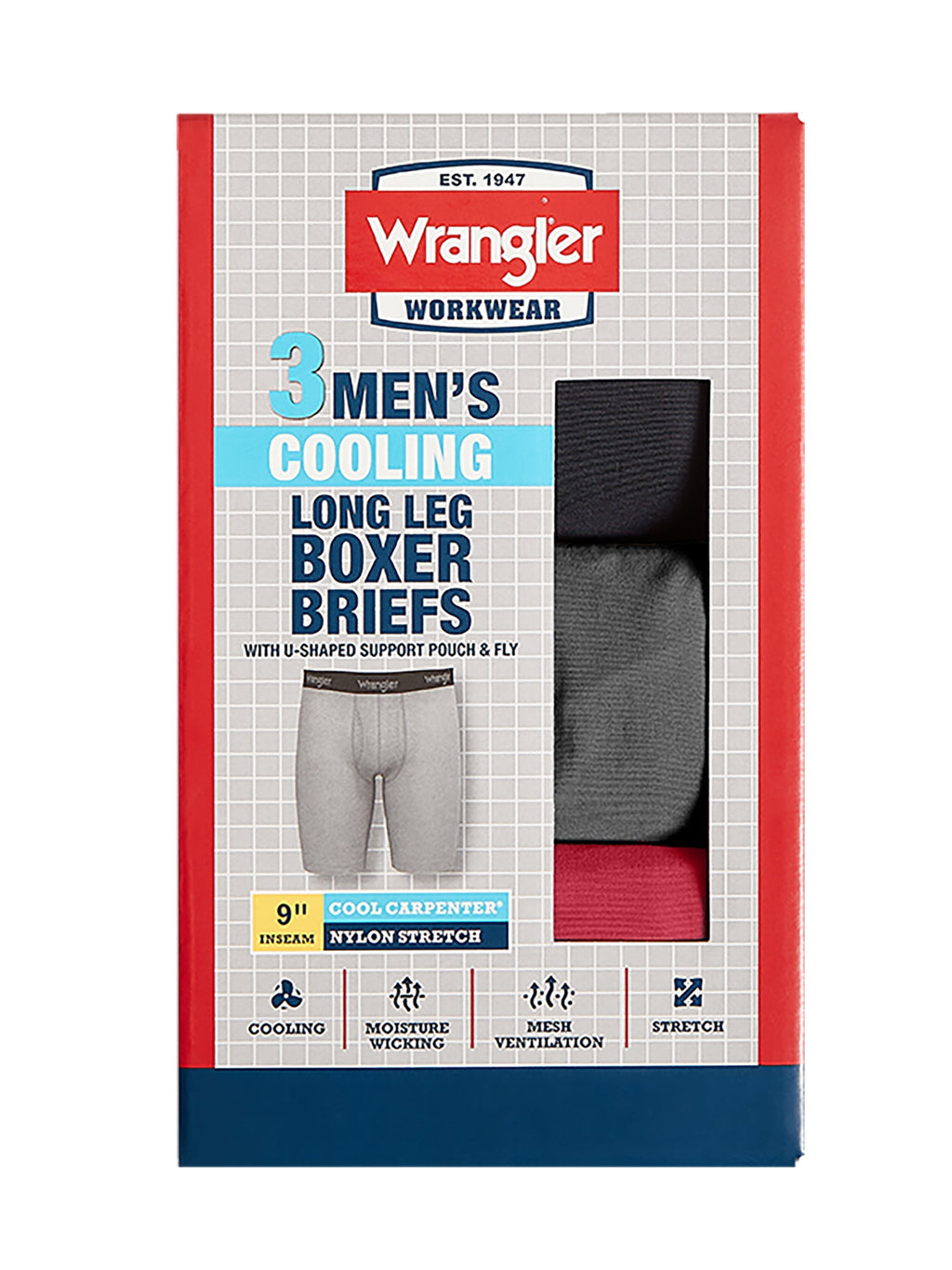 Wrangler Cool Carpenter 9" Boxer Briefs Men's Underwear, Large, Black/Duffle Green/Charcoal, 3-Pack