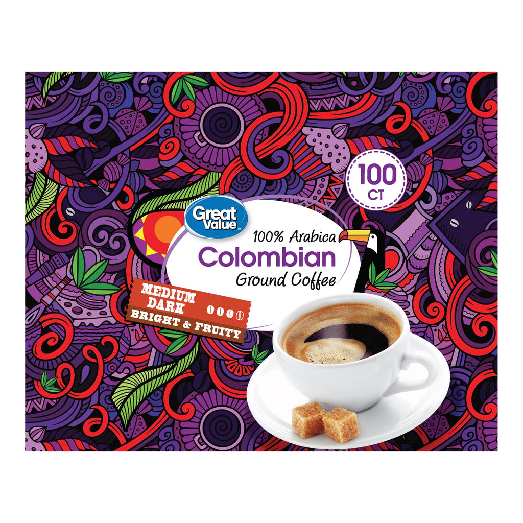 Great Value 100% Arabica Colombian Medium Dark Roast Ground Coffee Pods, 33.1 oz, 100 Count