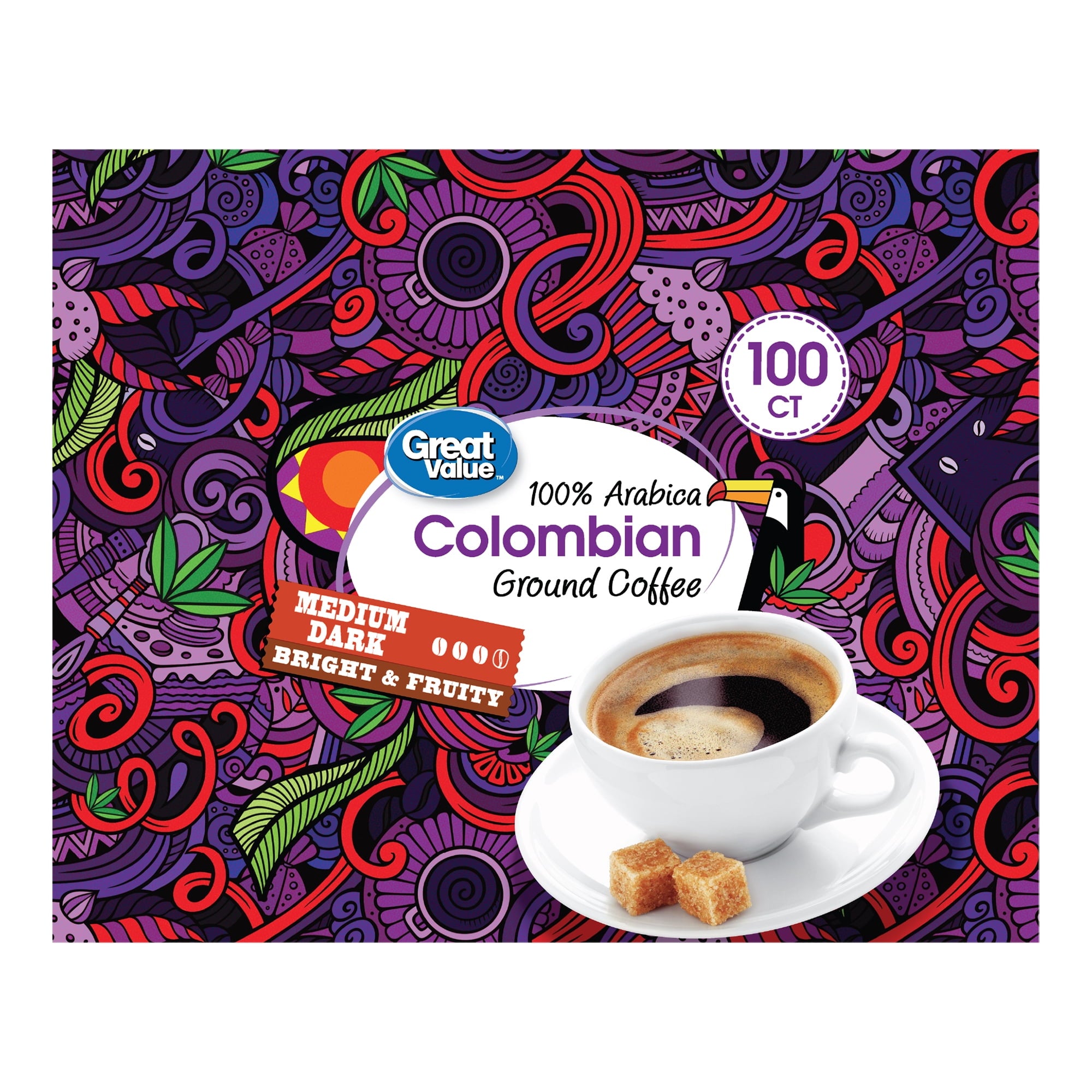 Great Value 100% Arabica Colombian Medium Dark Roast Ground Coffee Pods, 33.1 oz, 100 Count
