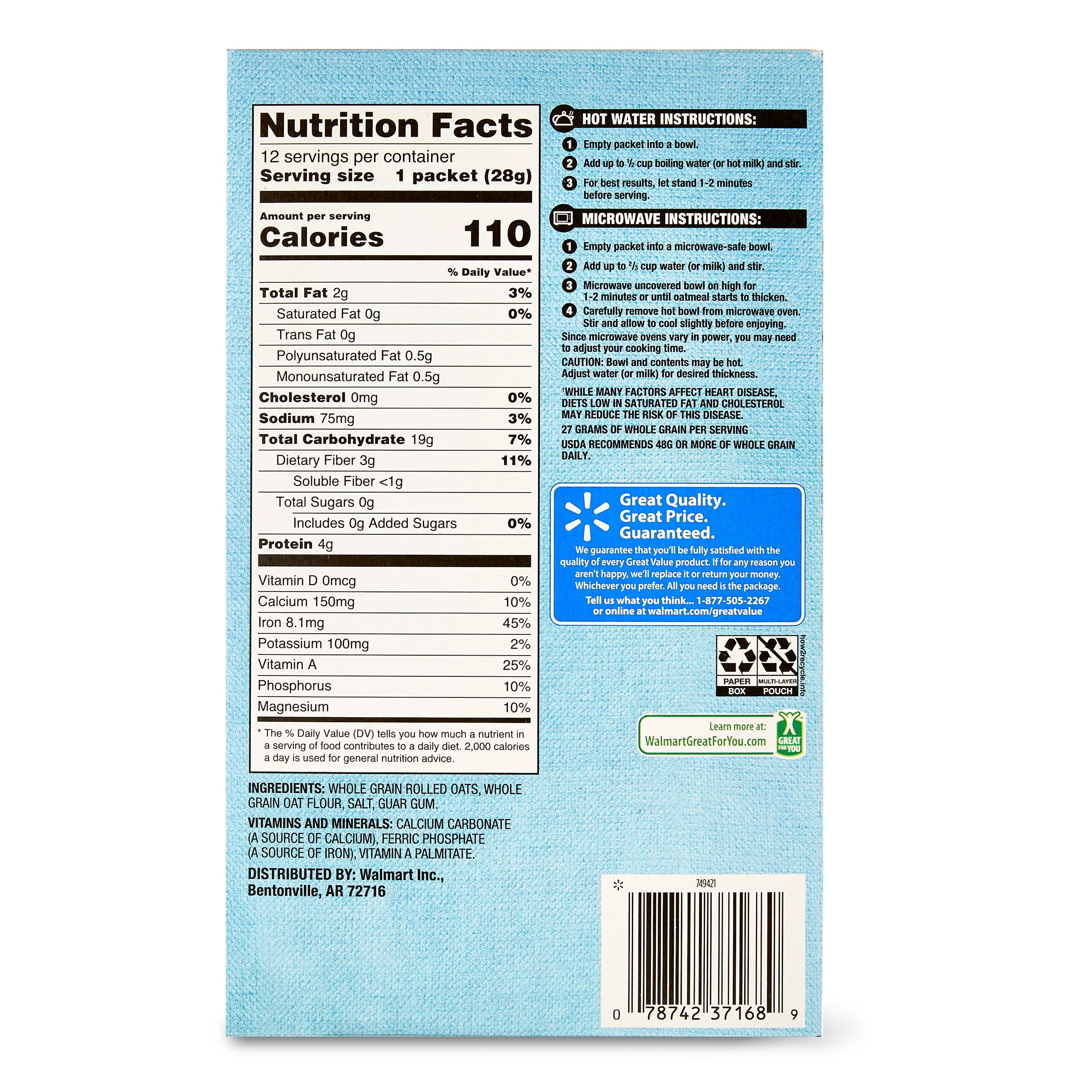 Great Value Original Instant Oatmeal, 0.98 oz, 12 Count