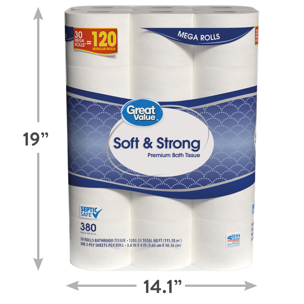 Great Value Soft & Strong Toilet Paper, 12 Mega Rolls, 380 Sheets per Roll