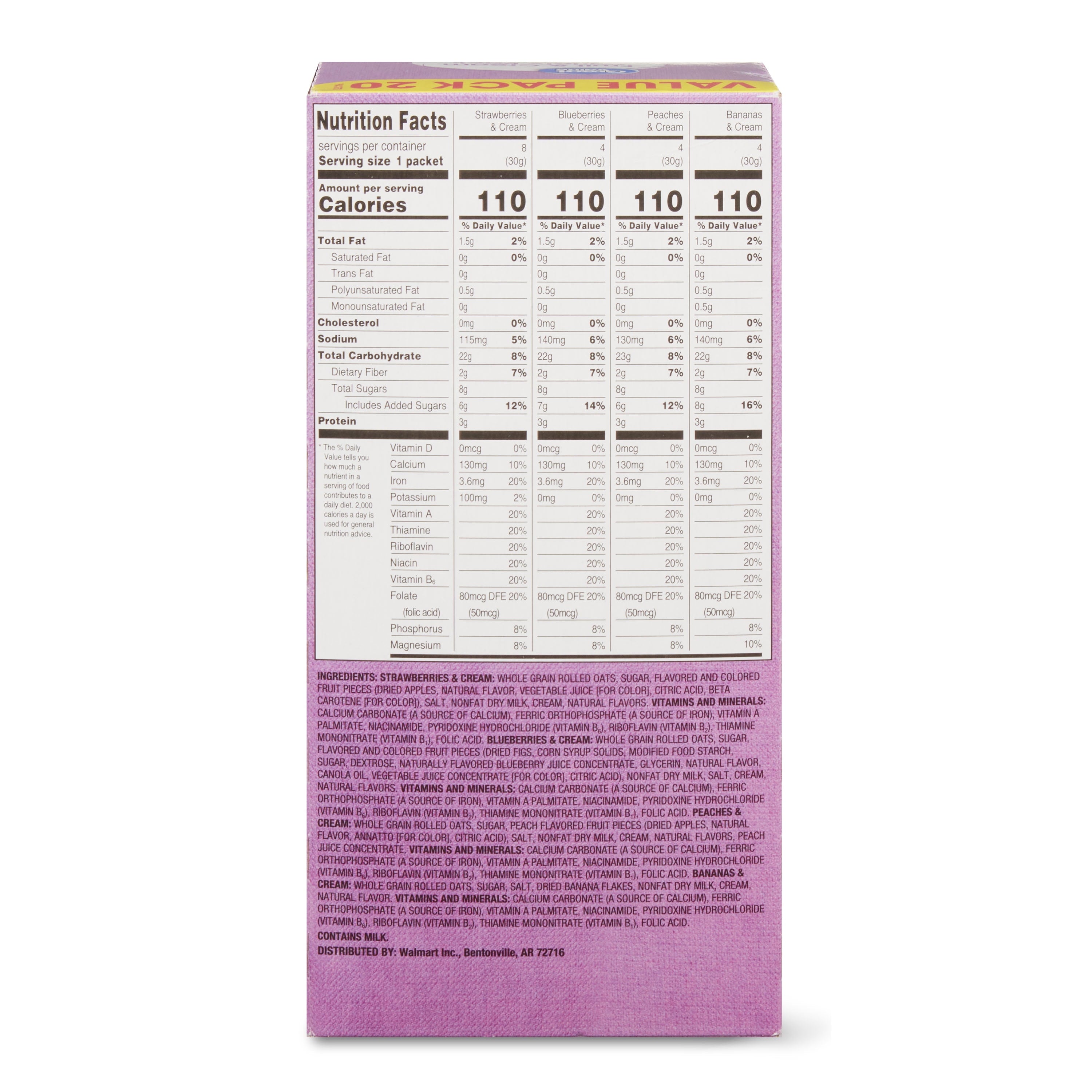 (4 pack) Great Value Fruit & Cream Instant Oatmeal Variety Pack, 1.05 oz, 20 Count