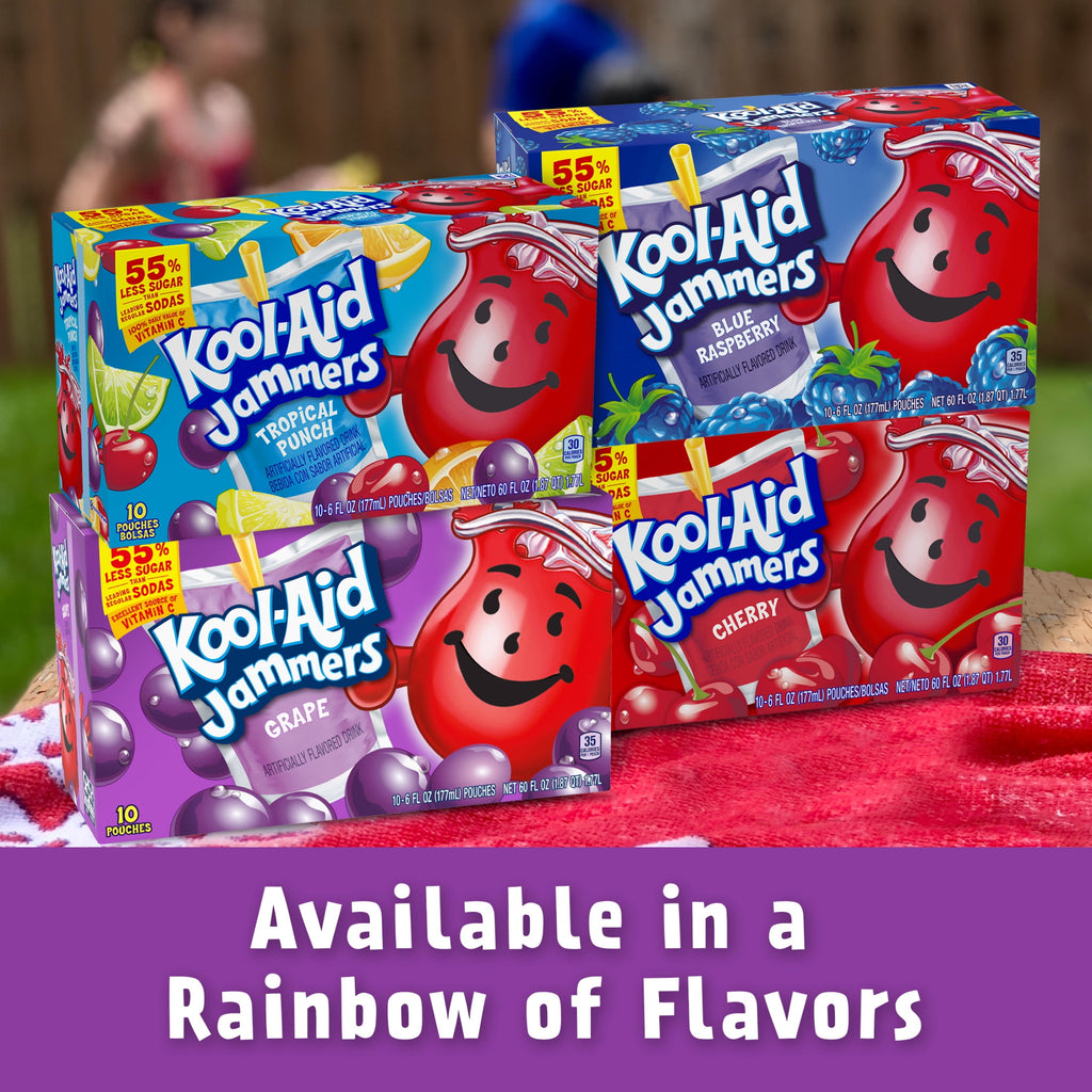 Kool-Aid Jammers Artificially Flavored Drink, 10 Pouches, for School Lunches and On-the-Go Hydration, Grape Flavor, Excellent Source of Vitamin C, 6 fl oz