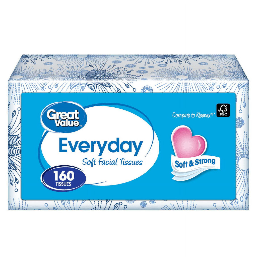 Great Value Everyday Soft Facial Tissues, 1 Flat Carton, 160 Tissues per Flat, 2-Ply, Compare to Kleenex®