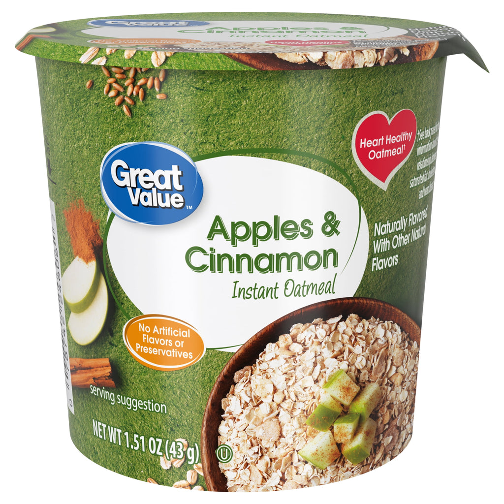 Great Value Apples and Cinnamon Instant Oatmeal Cup, 1.51 oz