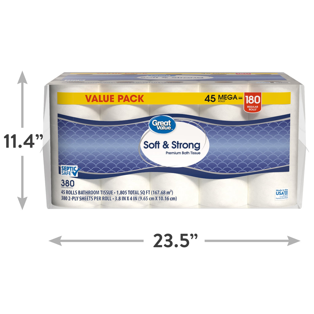 Great Value Soft & Strong Toilet Paper, 12 Mega Rolls, 380 Sheets per Roll