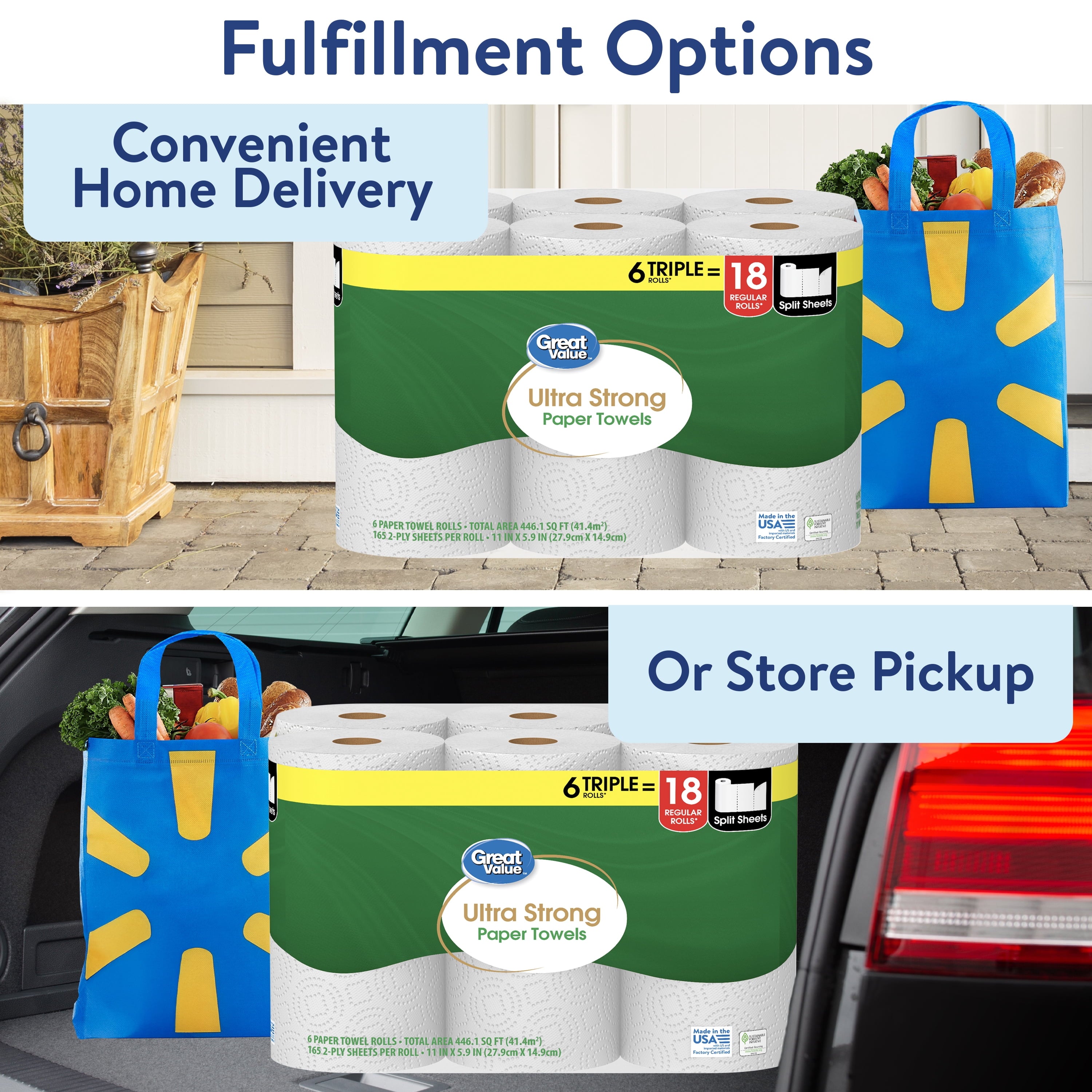 Great Value Ultra Strong Paper Towels, 6 Triple Rolls