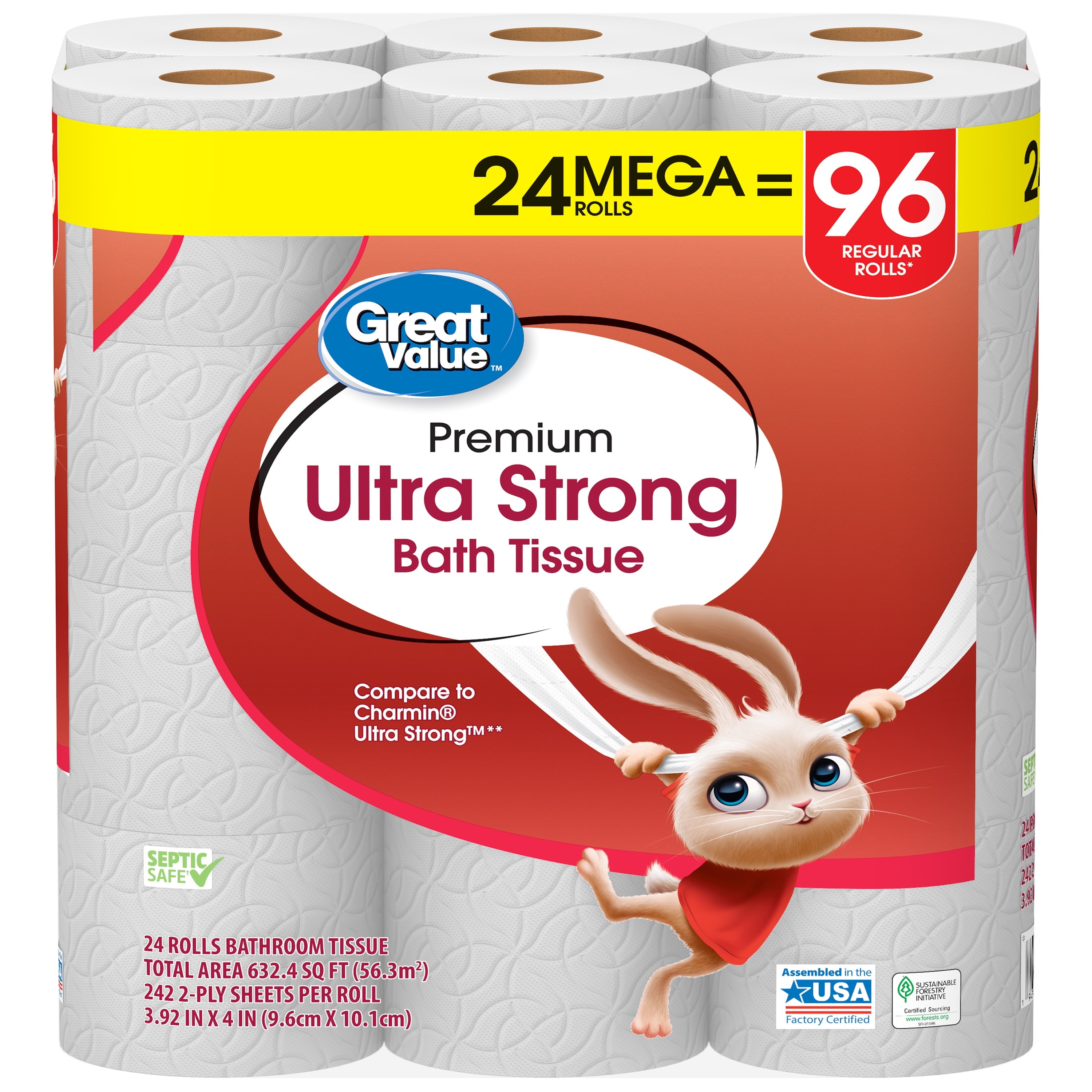 Great Value Ultra Strong 2-Ply Toilet Paper, 6 Mega Rolls, Compare to Charmin® Ultra Strong™