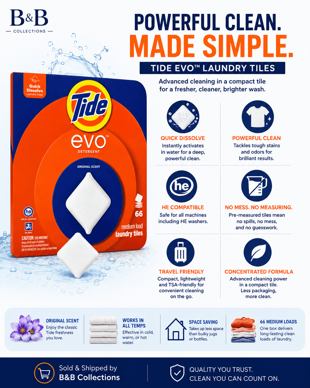 Tide evo Laundry Detergent Tiles, Original Scent, Quick Dissolve Concentrated Laundry Soap, HE Compatible, 66 Medium Loads