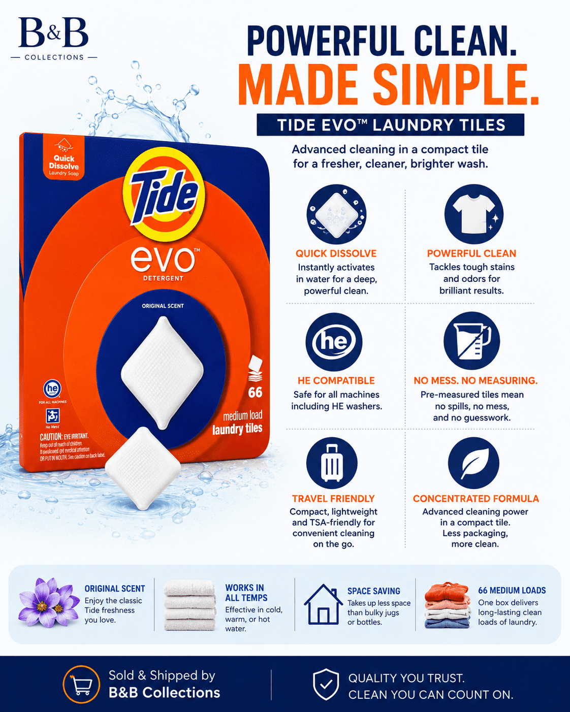Tide evo Laundry Detergent Tiles, Original Scent, Quick Dissolve Concentrated Laundry Soap, HE Compatible, 66 Medium Loads