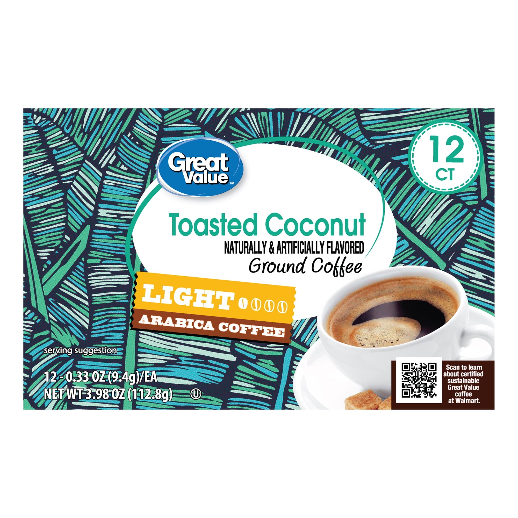 Great Value 100% Arabica Toasted Coconut Light Roast Arabica Coffee Pods, 12 Count