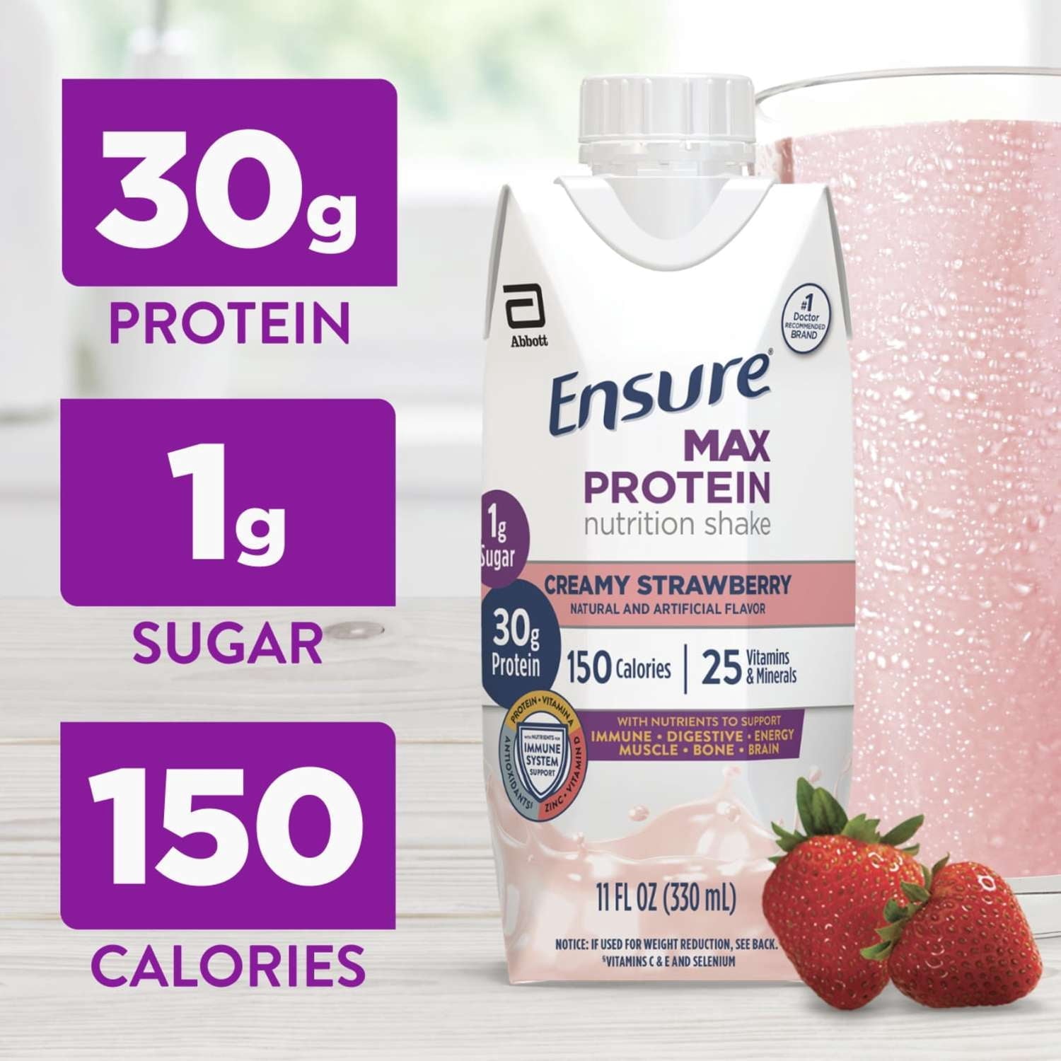 Ensure Max Protein Shake, 30g Protein, Creamy Strawberry, 11 fl oz, 4 Pack