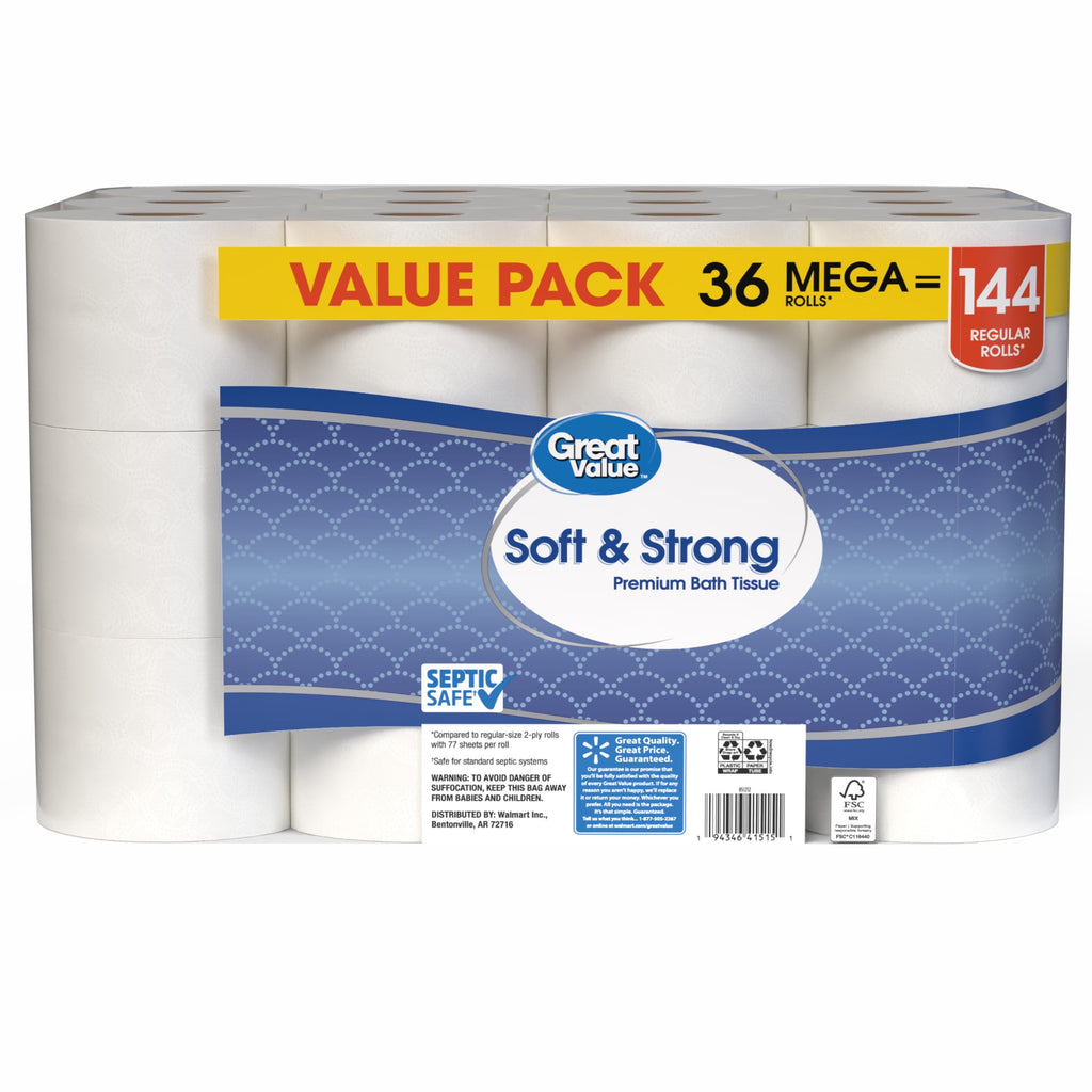 Great Value Soft & Strong Toilet Paper, 12 Mega Rolls, 380 Sheets per Roll