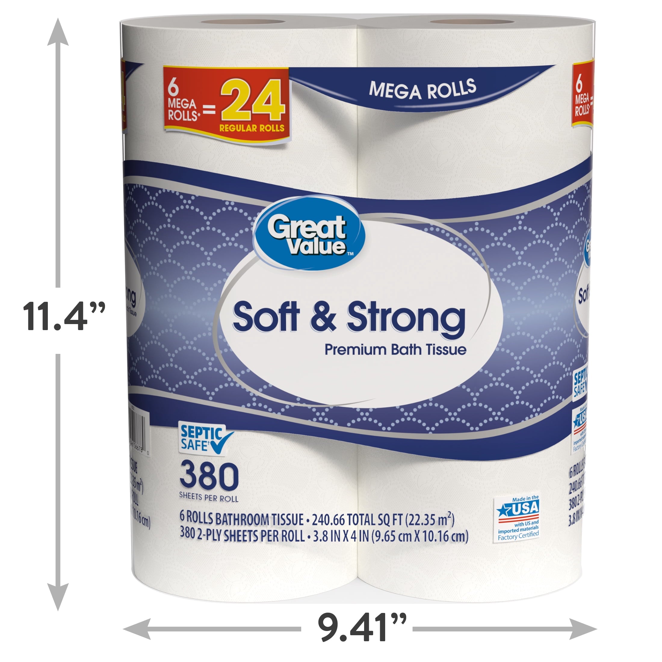 Great Value Soft & Strong Toilet Paper, 12 Mega Rolls, 380 Sheets per Roll