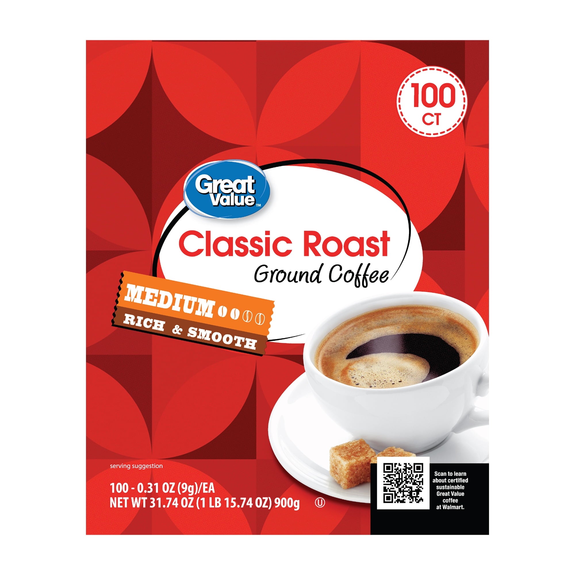Great Value Classic Medium Roast Ground Coffee Pods, 31.7 oz, 100 Count
