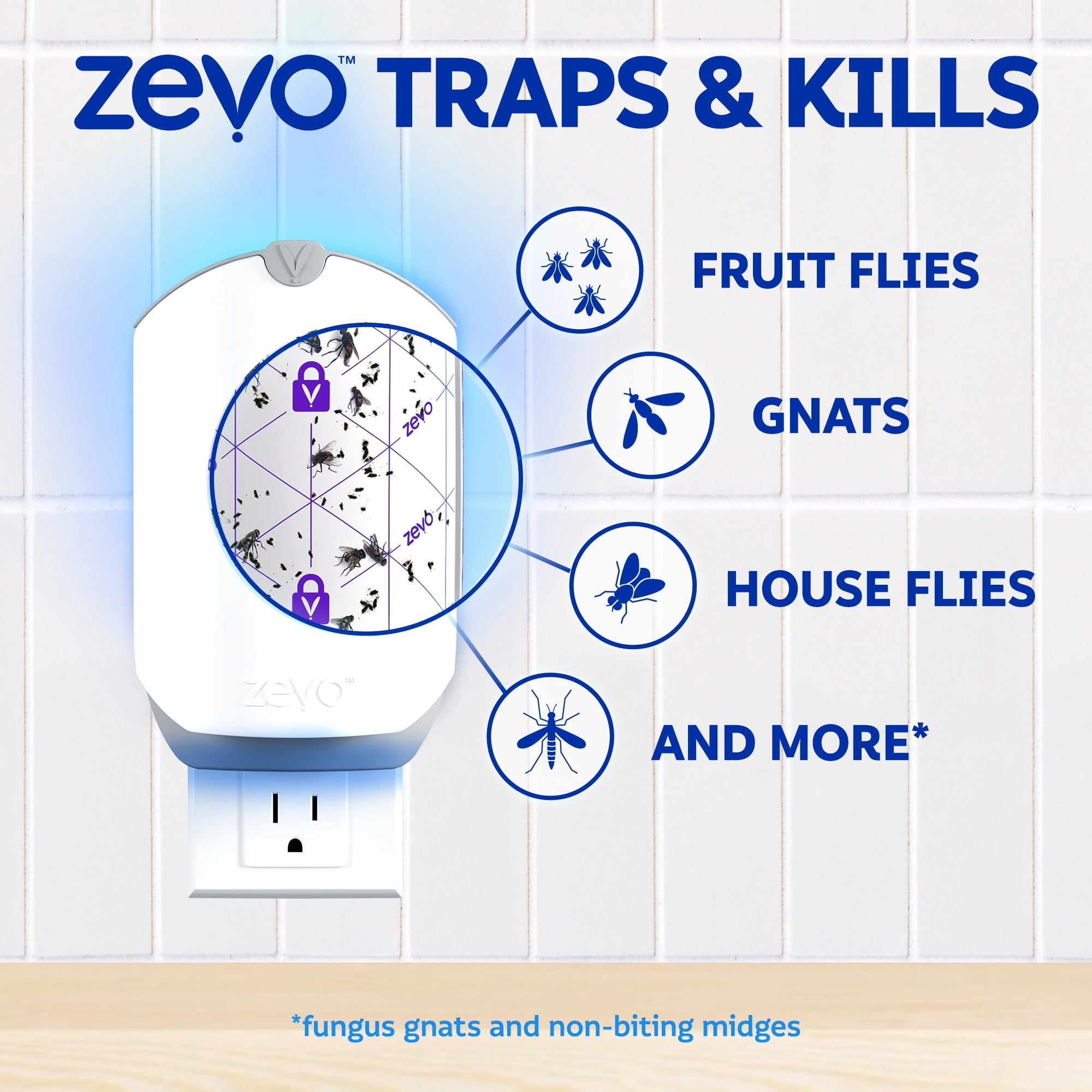Zevo Flying Insect Indoor Fly Trap Full Size: Easy, Mess-Free Solution - Light Trap Catches & Kills House Flies, Fruit Flies, Gnats, & More (1 Plug in Device & 1 Cartridge)