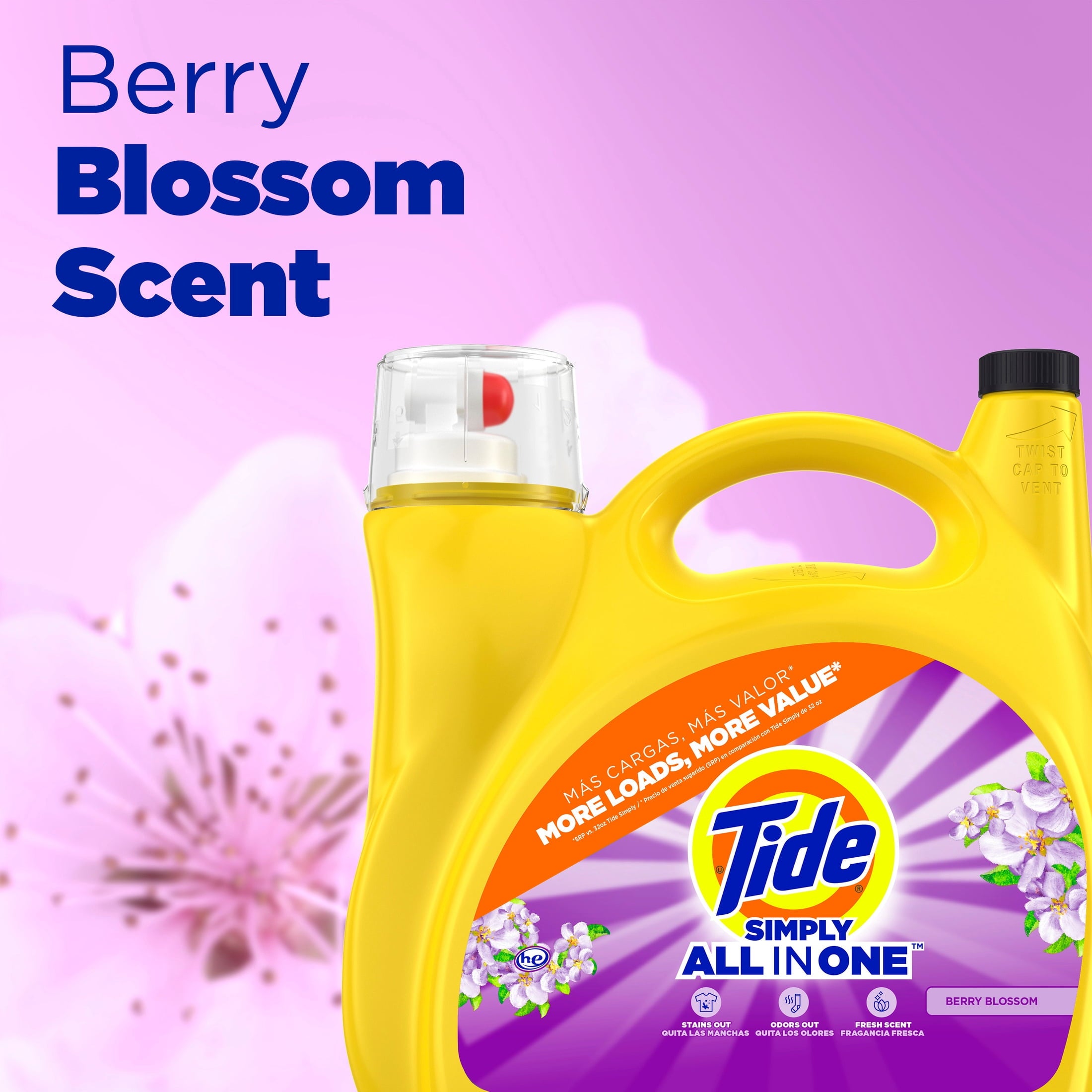 Tide Simply Laundry Detergent Liquid, Berry Blossom Scent, 117 fl oz, 89 Loads