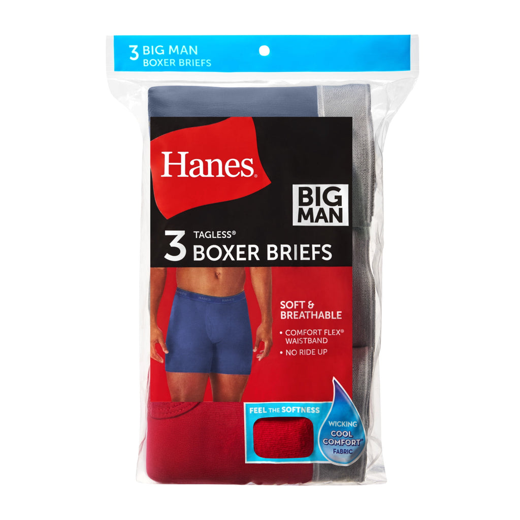 Hanes Mens Hanes Big Man Men's Cotton Boxer Brief Underwear Pack, 3-Pack, Big & Tall Sizes