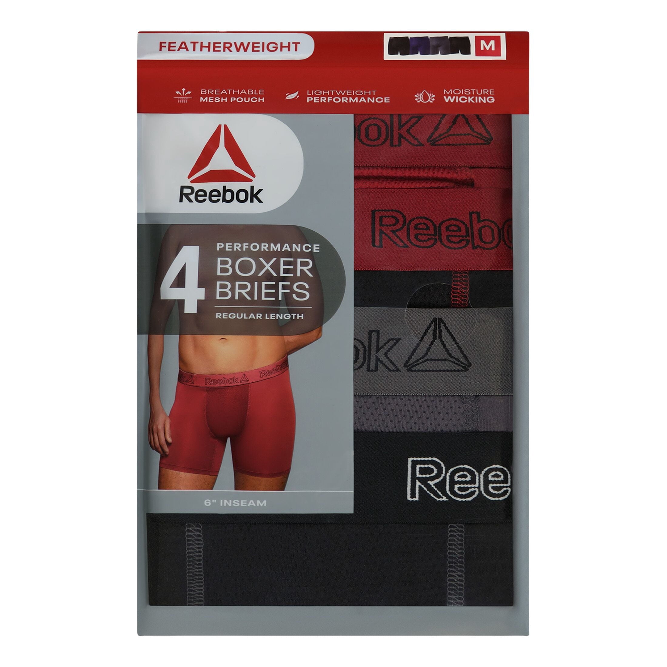 Reebok Men's Featherweight Performance Regular Leg Boxer Briefs, 4 pack Sizes S-XL
