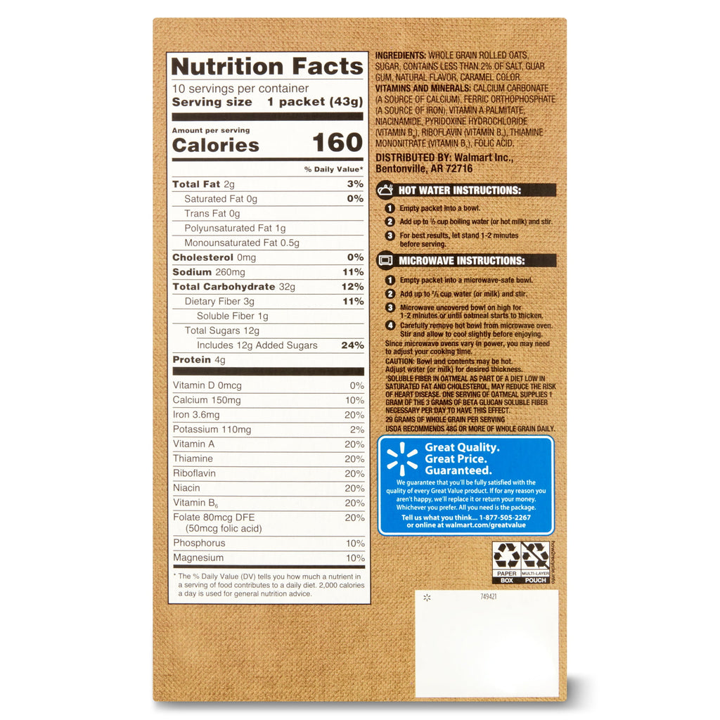 Great Value Maple & Brown Sugar Instant Oatmeal, 1.51 oz, 10 Count