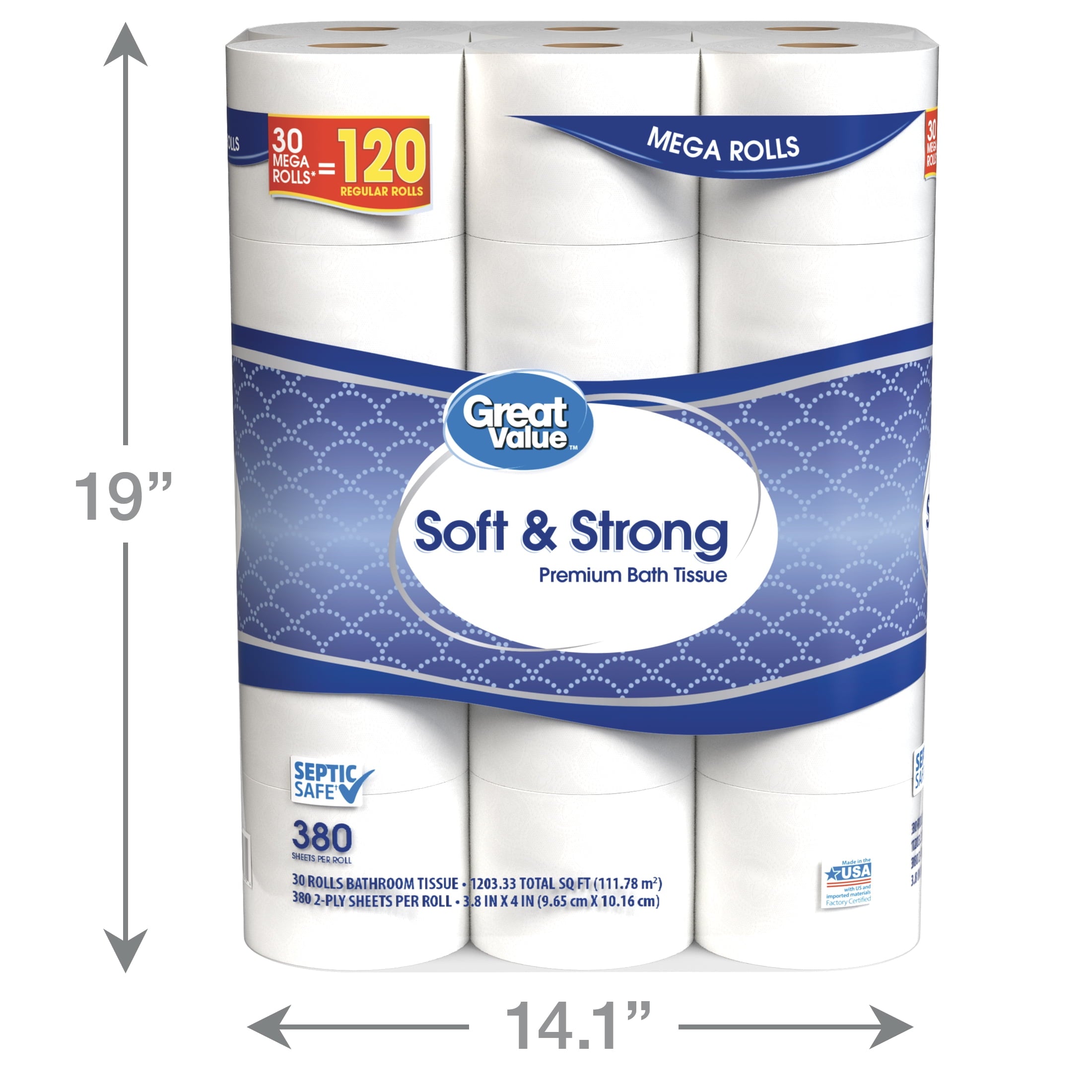 Great Value Soft & Strong Toilet Paper, 12 Mega Rolls, 380 Sheets per Roll