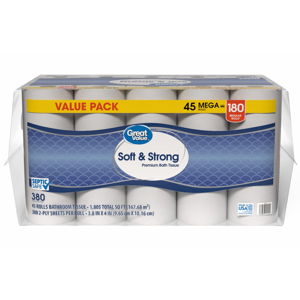 Great Value Soft & Strong Toilet Paper, 12 Mega Rolls, 380 Sheets per Roll