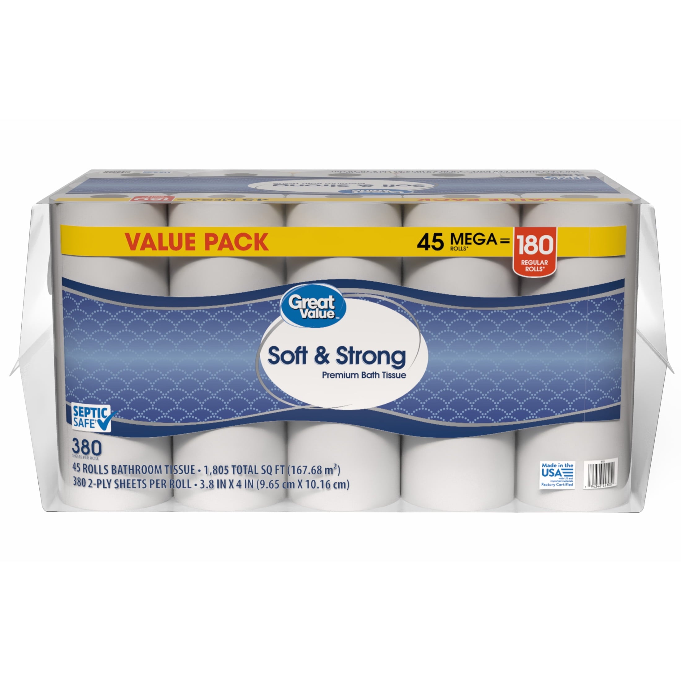 Great Value Soft & Strong Toilet Paper, 12 Mega Rolls, 380 Sheets per Roll