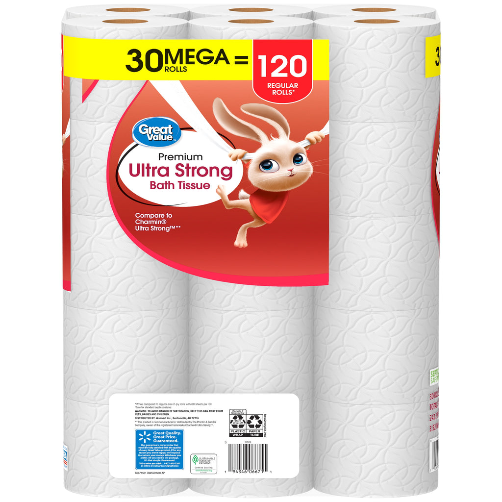 Great Value Ultra Strong 2-Ply Toilet Paper, 6 Mega Rolls, Compare to Charmin® Ultra Strong™
