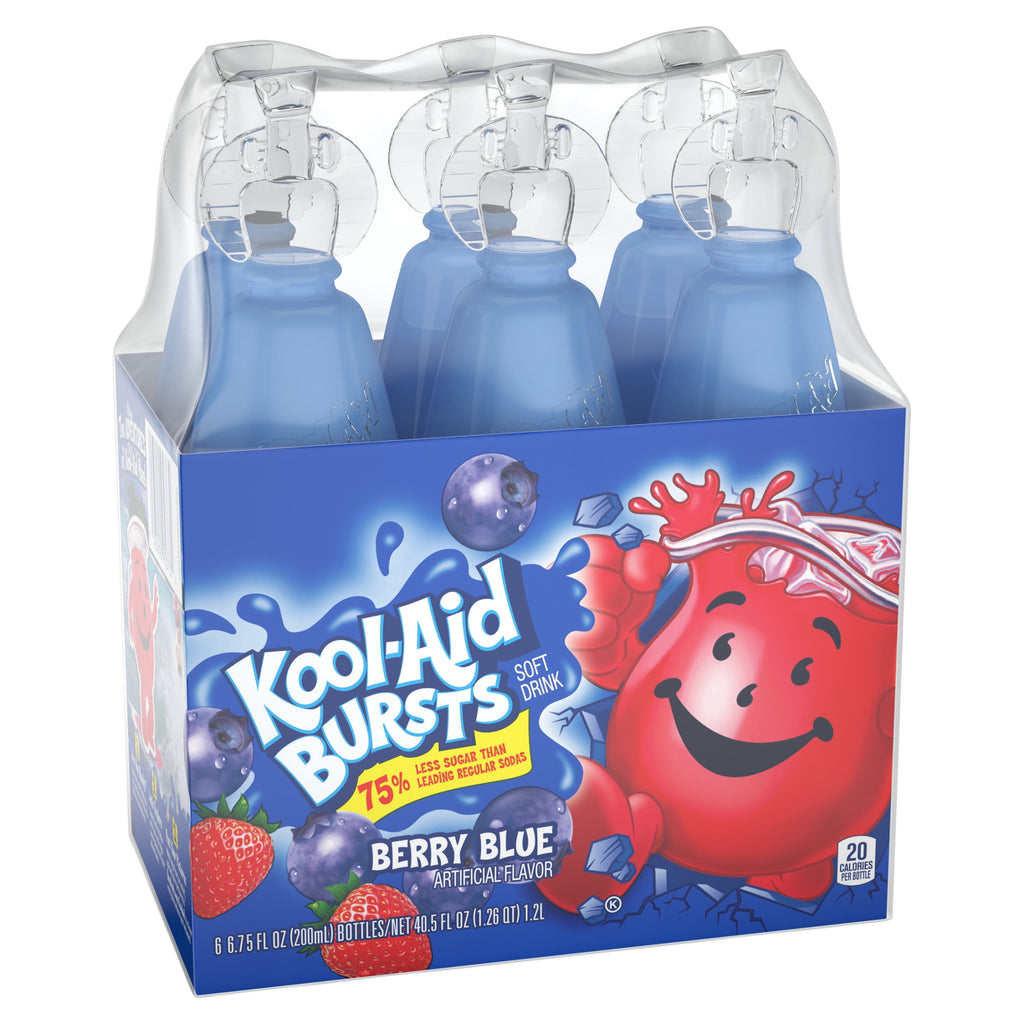 Kool-Aid Bursts Soft Drink, 6 Bottles, for School Lunches and On-the-Go Hydration, artificial flavor Berry Blue, Caffeine Free, 6.75 oz