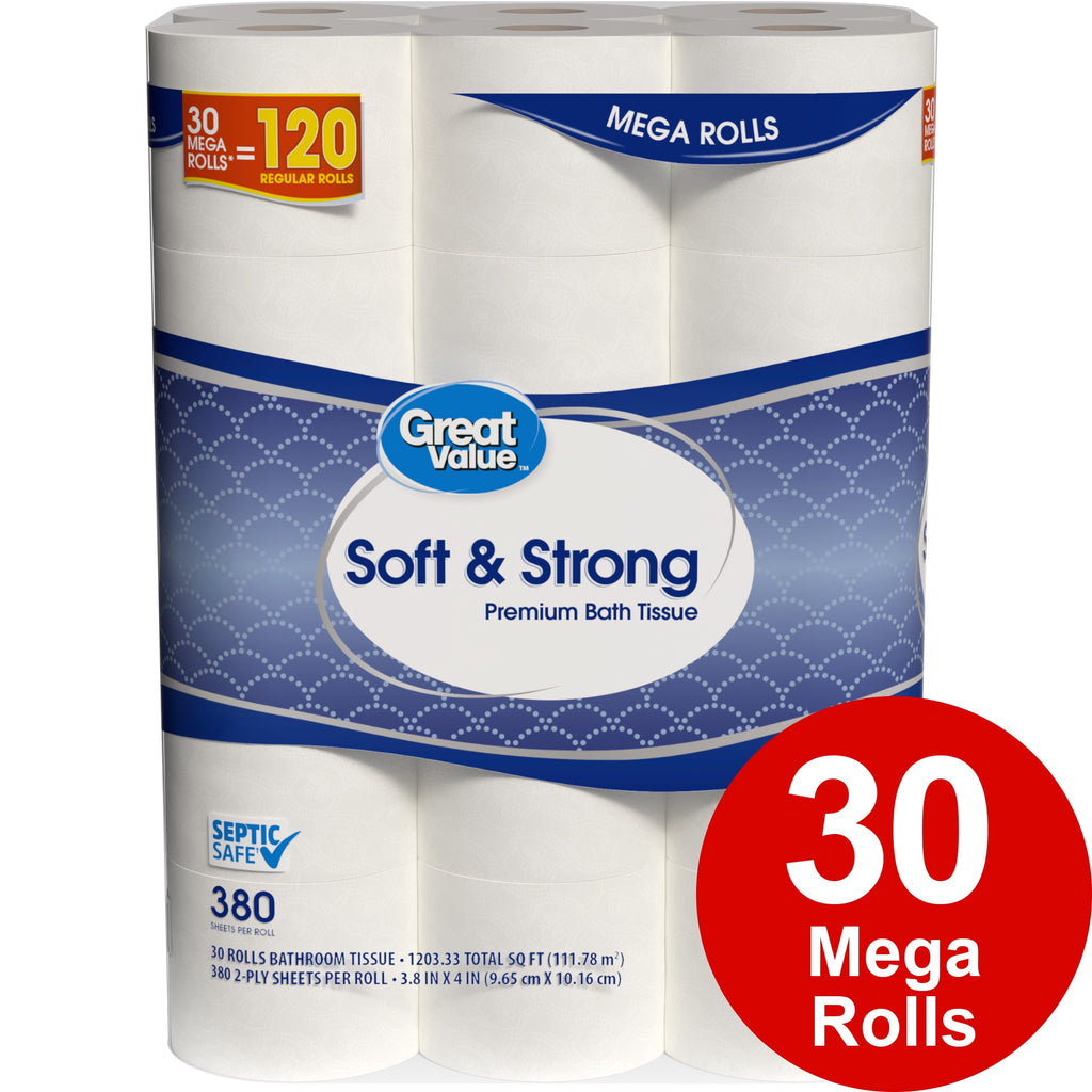 Great Value Soft & Strong Toilet Paper, 12 Mega Rolls, 380 Sheets per Roll