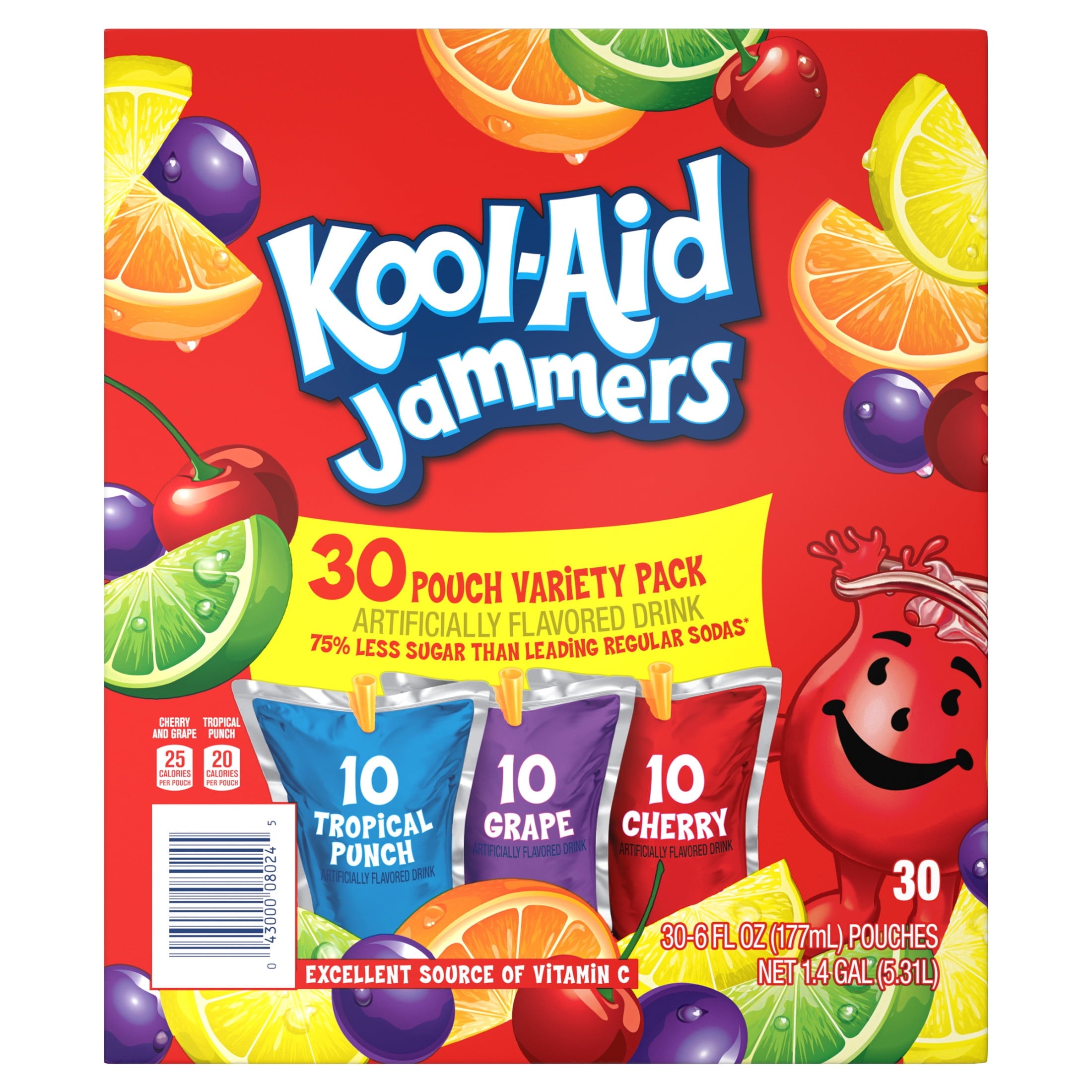 Kool-Aid Jammers Drink, 30 Pouches, for School Lunches and On-the-Go Hydration, Artificially Flavored Tropical Punch, Grape and Cherry Flavors, 6 fl oz