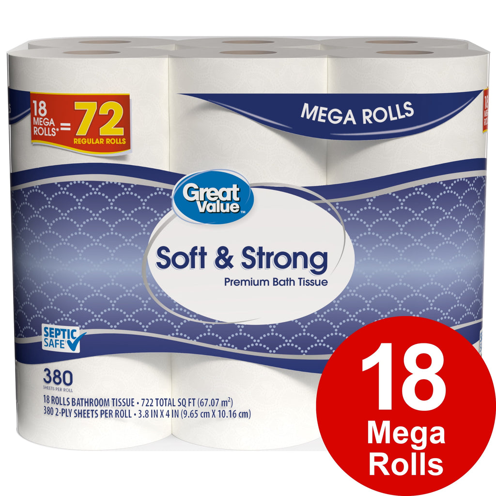 Great Value Soft & Strong Toilet Paper, 12 Mega Rolls, 380 Sheets per Roll