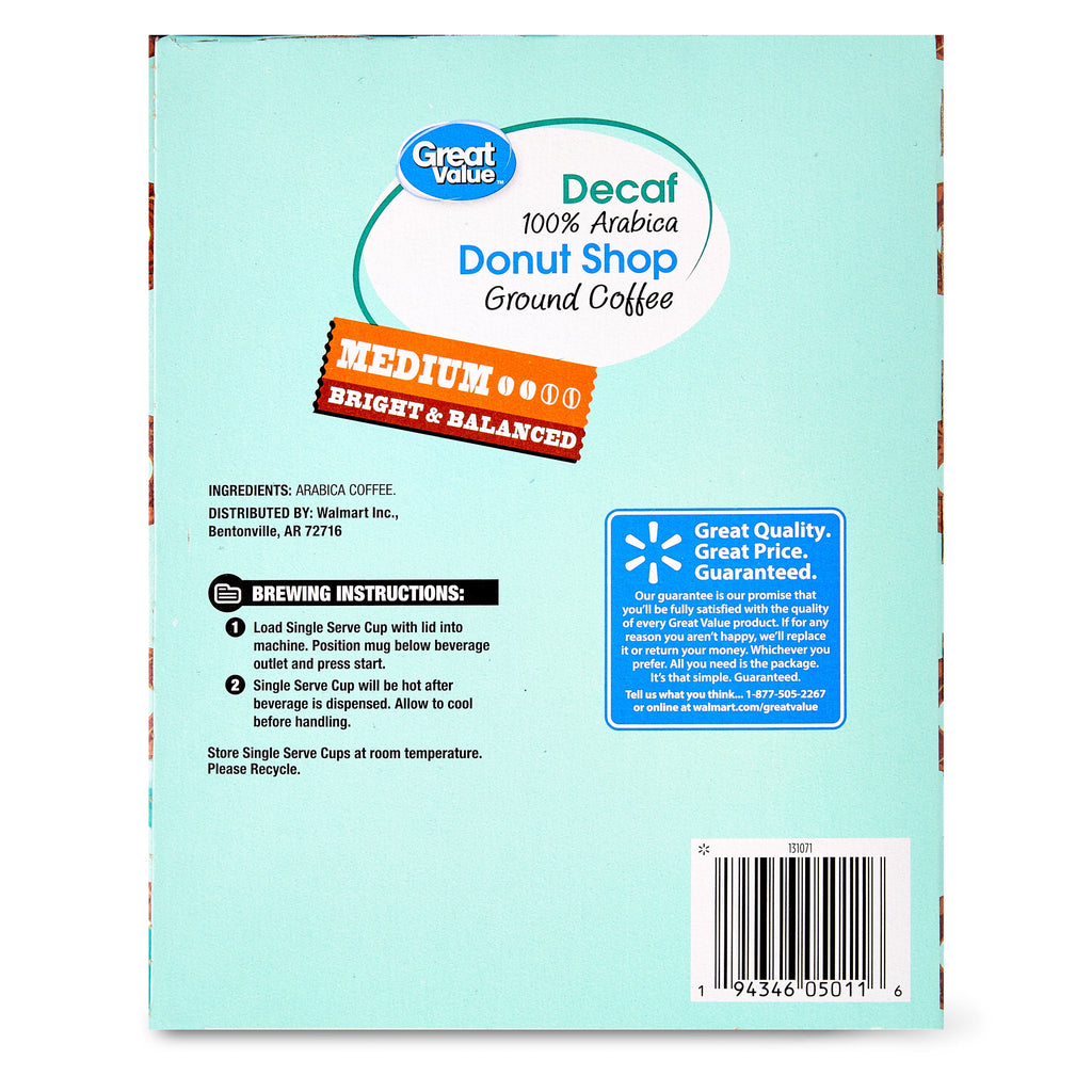 Great Value Donut Shop Decaf Ground Coffee Pods, 12 Count