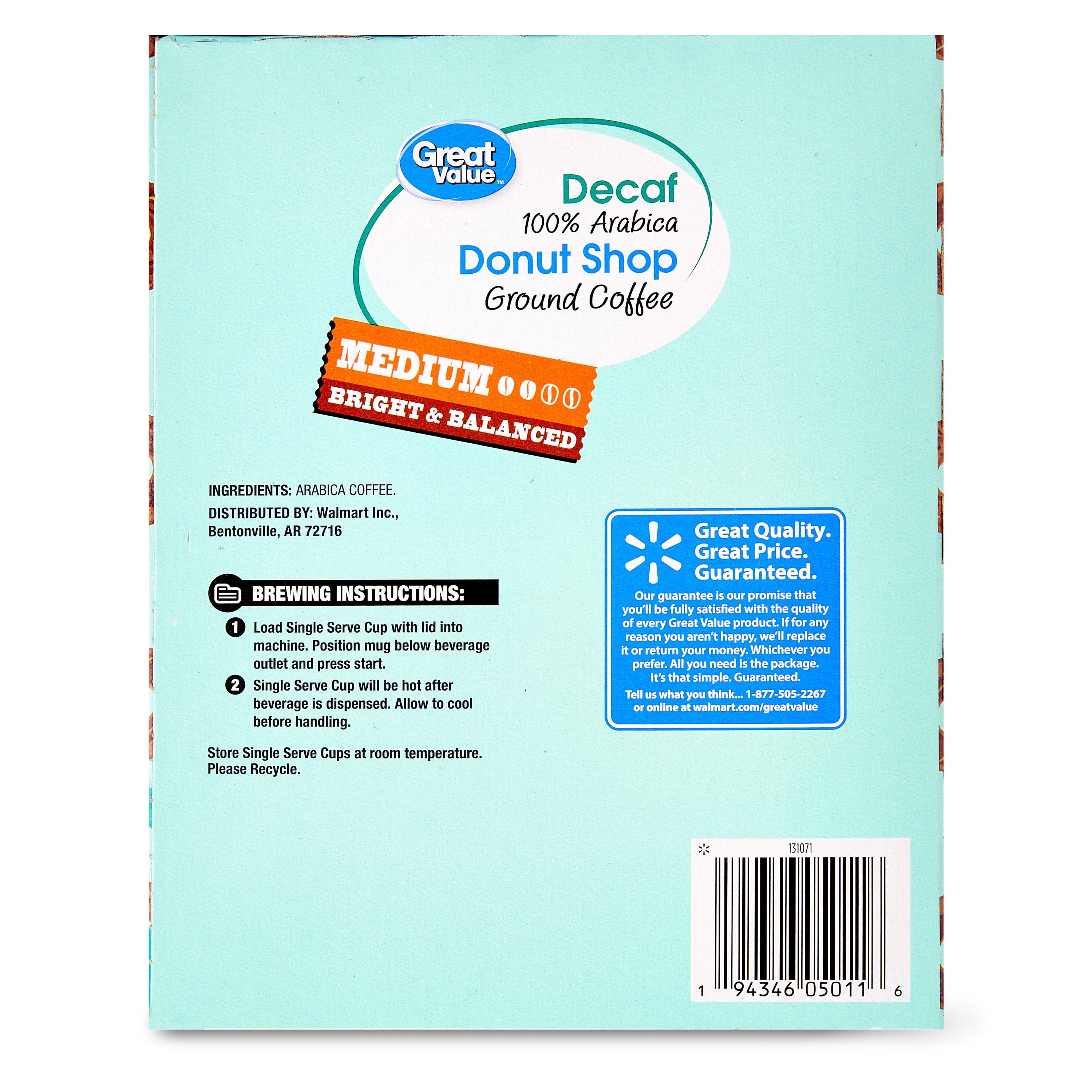 Great Value Donut Shop Decaf Ground Coffee Pods, 12 Count