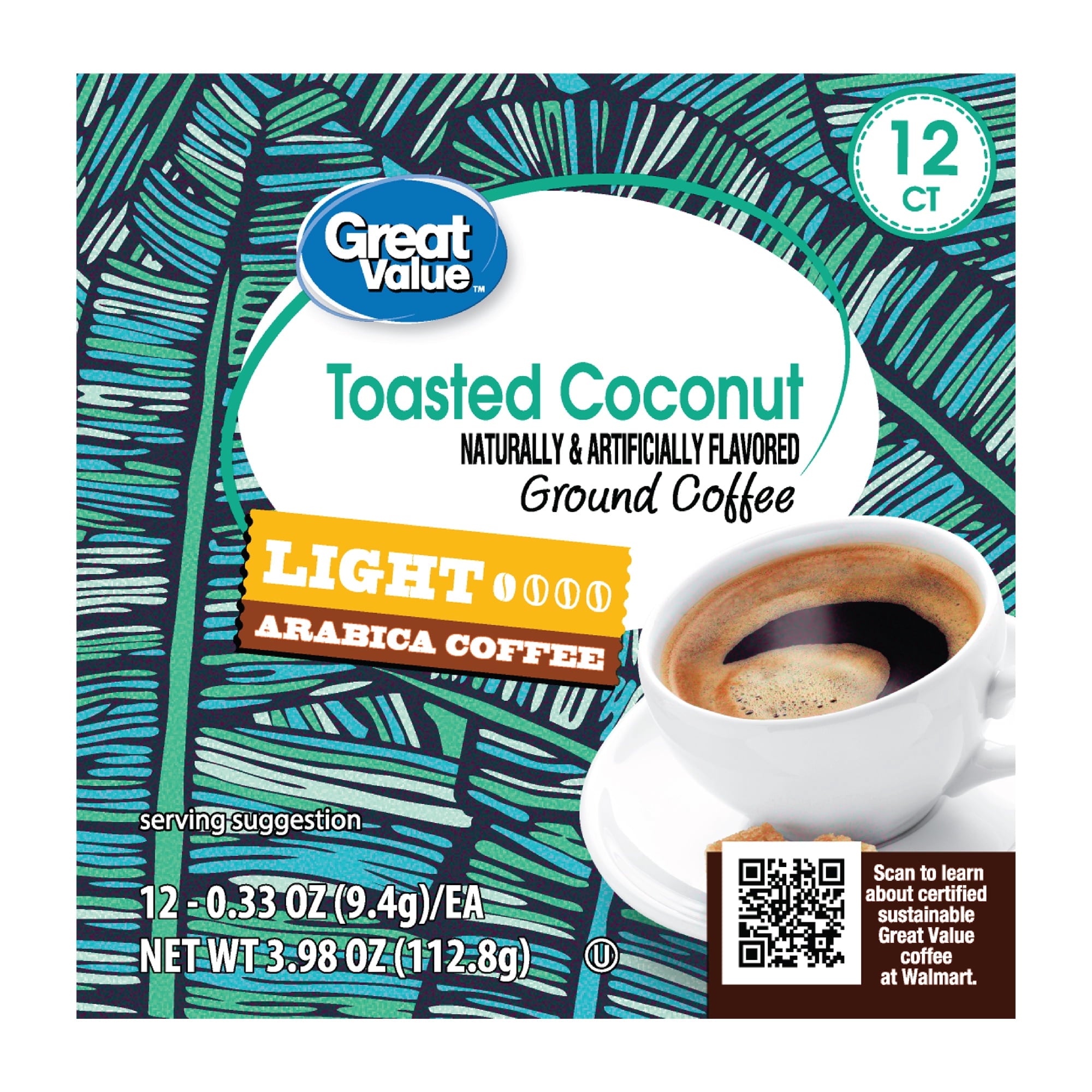 Great Value 100% Arabica Toasted Coconut Light Roast Arabica Coffee Pods, 12 Count