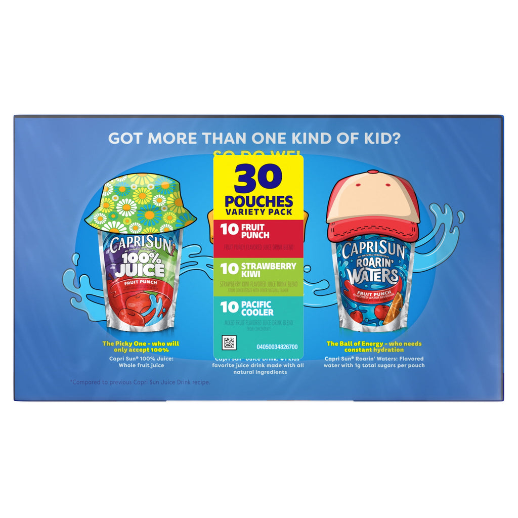 Capri Sun Flavored with Other Natural Flavor Juice Drink Blend, 30 Pouches, for School Lunches and On-the-Go Hydration, Fruit Punch, Strawberry Kiwi & Pacific Cooler, All Natural Ingredients, 6 fl oz