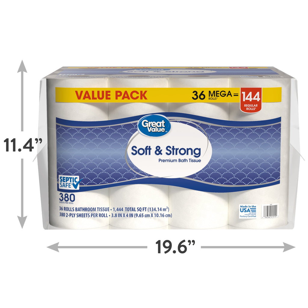 Great Value Soft & Strong Toilet Paper, 12 Mega Rolls, 380 Sheets per Roll