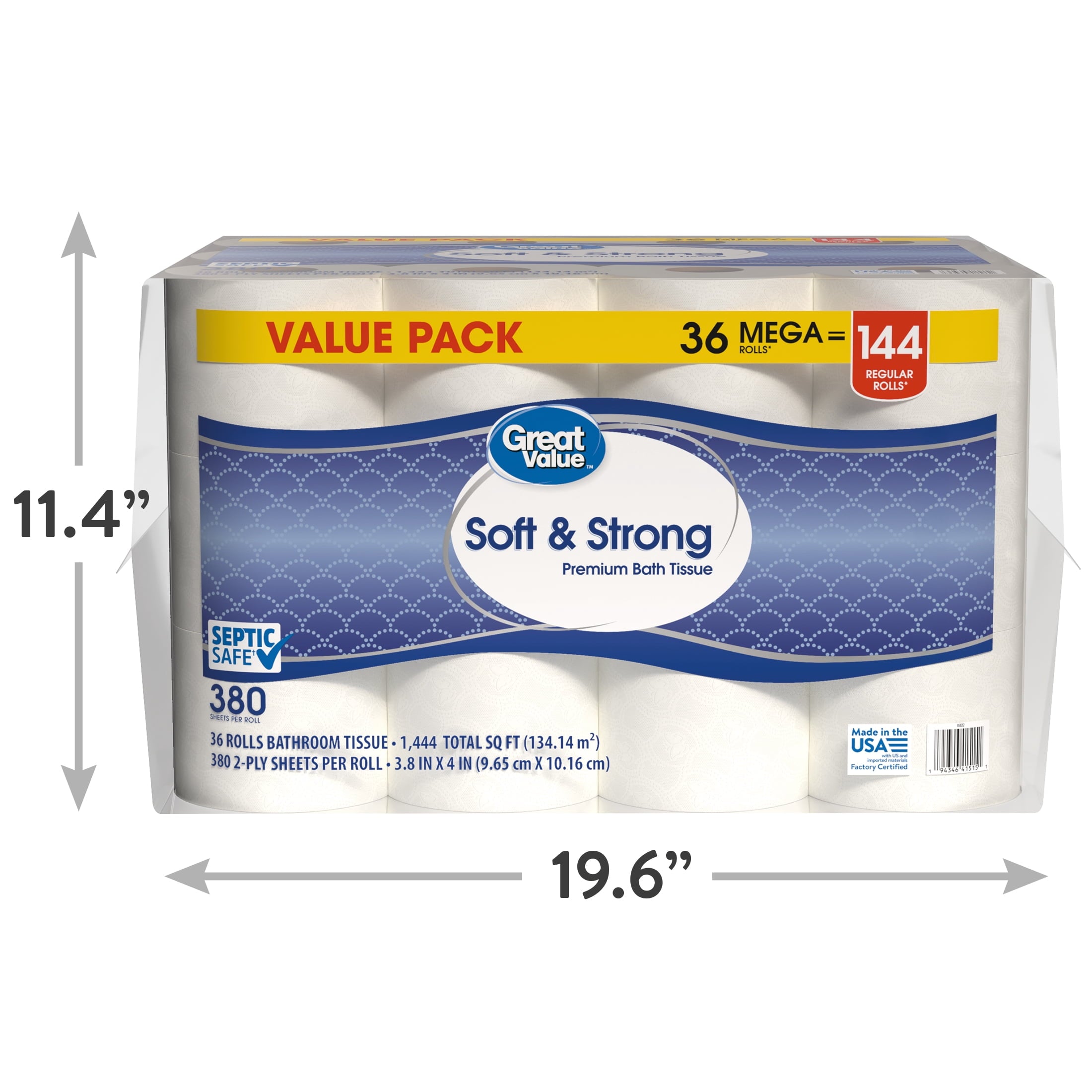 Great Value Soft & Strong Toilet Paper, 12 Mega Rolls, 380 Sheets per Roll
