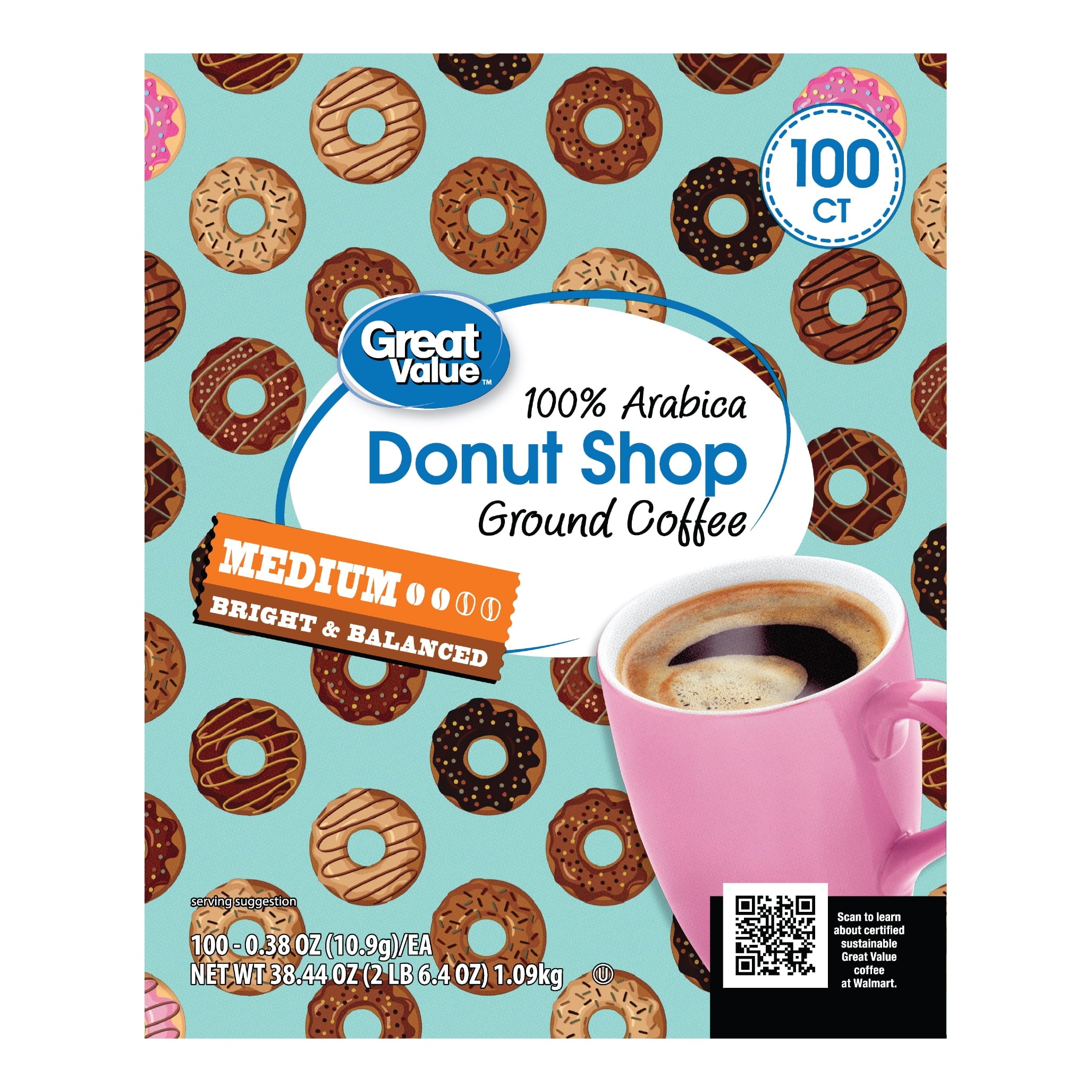 Great Value 100% Arabica Colombian Medium Dark Roast Ground Coffee Pods, 33.1 oz, 100 Count