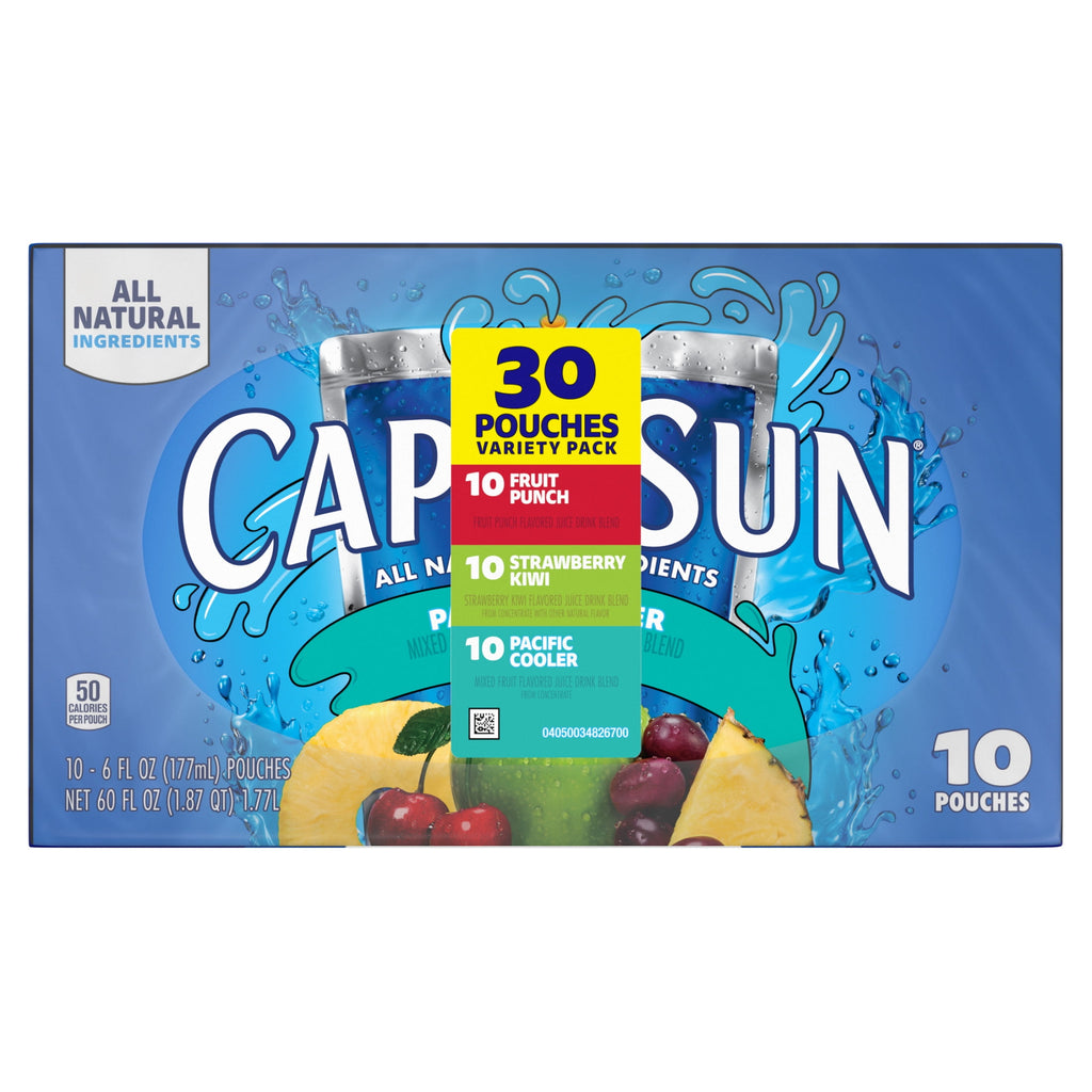 Capri Sun Flavored with Other Natural Flavor Juice Drink Blend, 30 Pouches, for School Lunches and On-the-Go Hydration, Fruit Punch, Strawberry Kiwi & Pacific Cooler, All Natural Ingredients, 6 fl oz